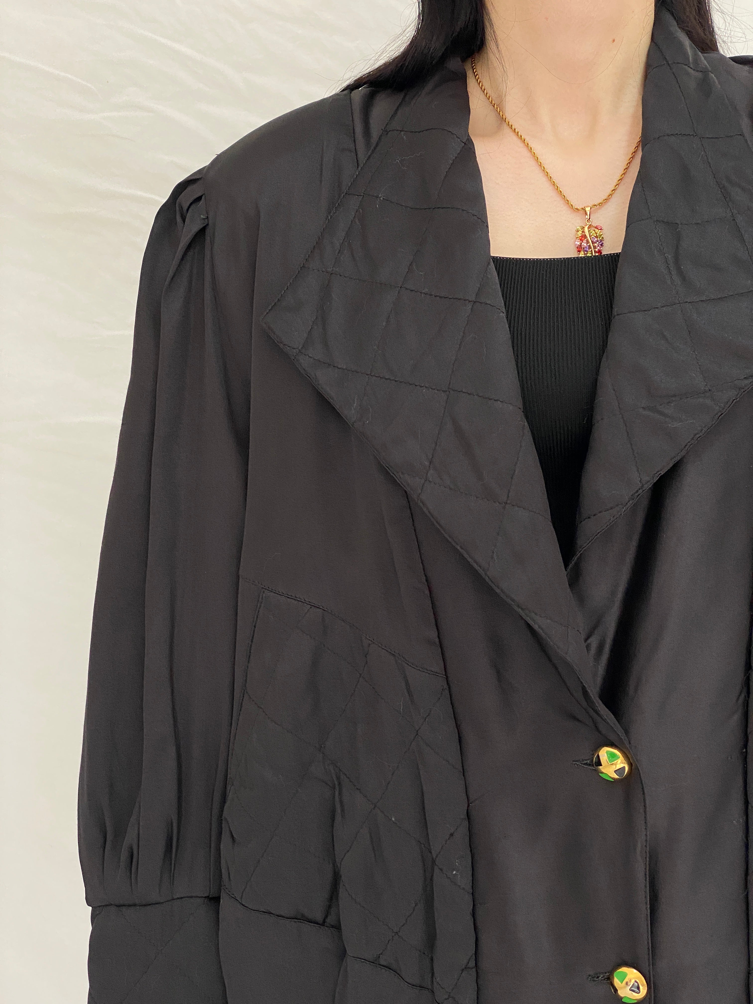 Vintage Black Quilted Puffer Oversized Fit Jacket with Gold Buttons - L