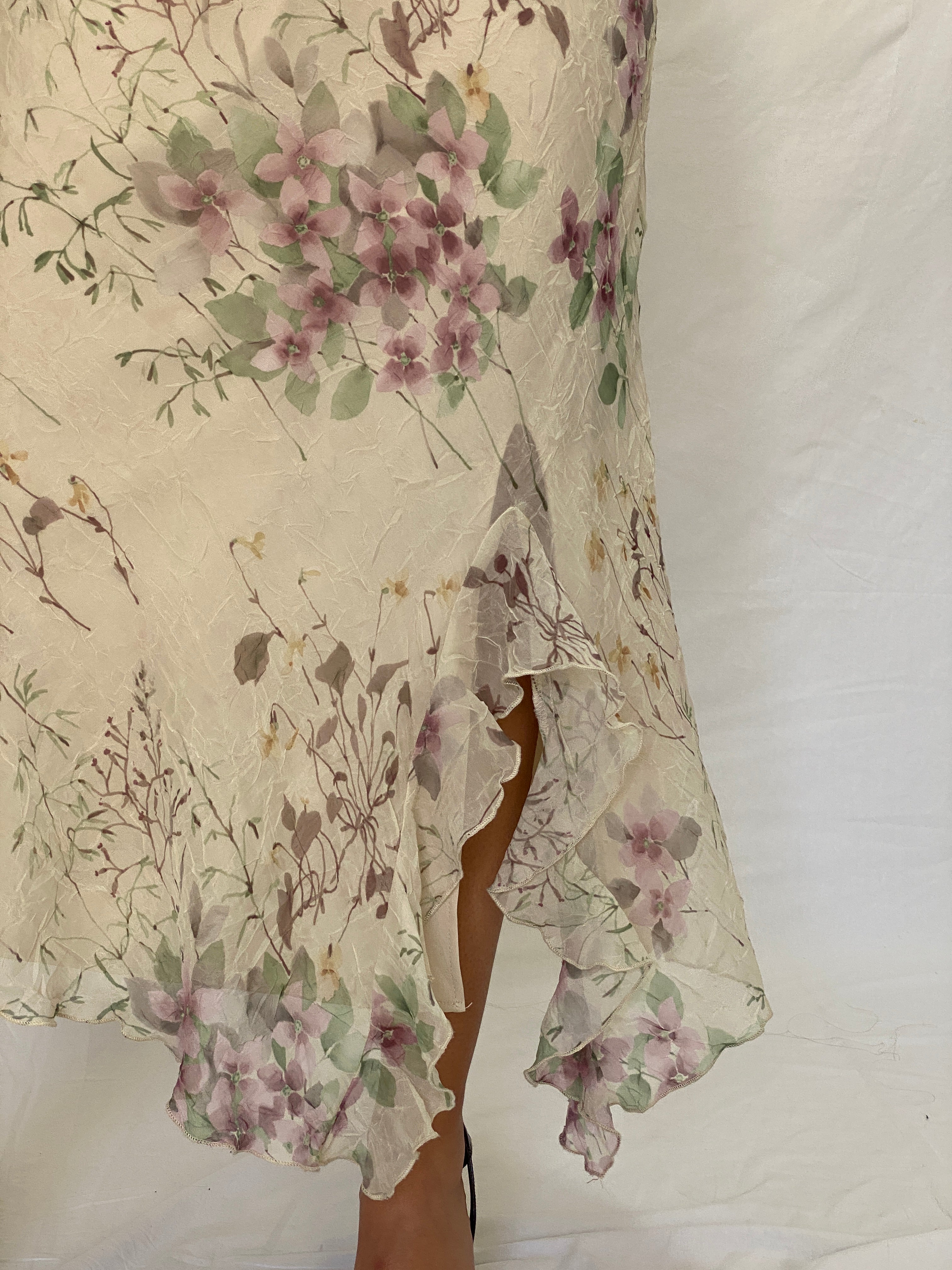 Vintage R&M Richards Ivory Floral Chiffon Handkerchief Hem Maxi Dress – L