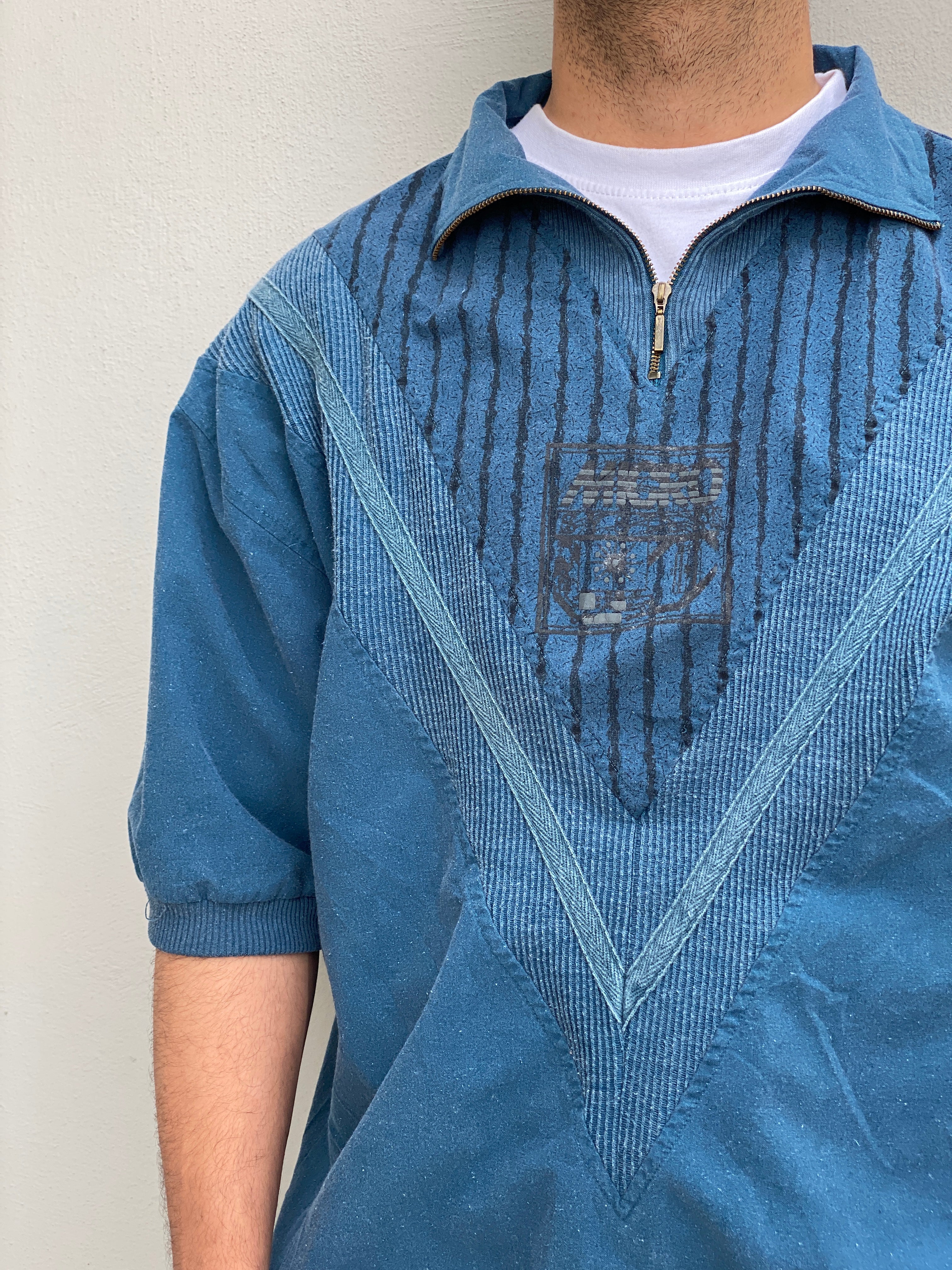 Vintage 90s Blue Men’s Quarter Zip Textured Cotton Blend Pullover Top – M