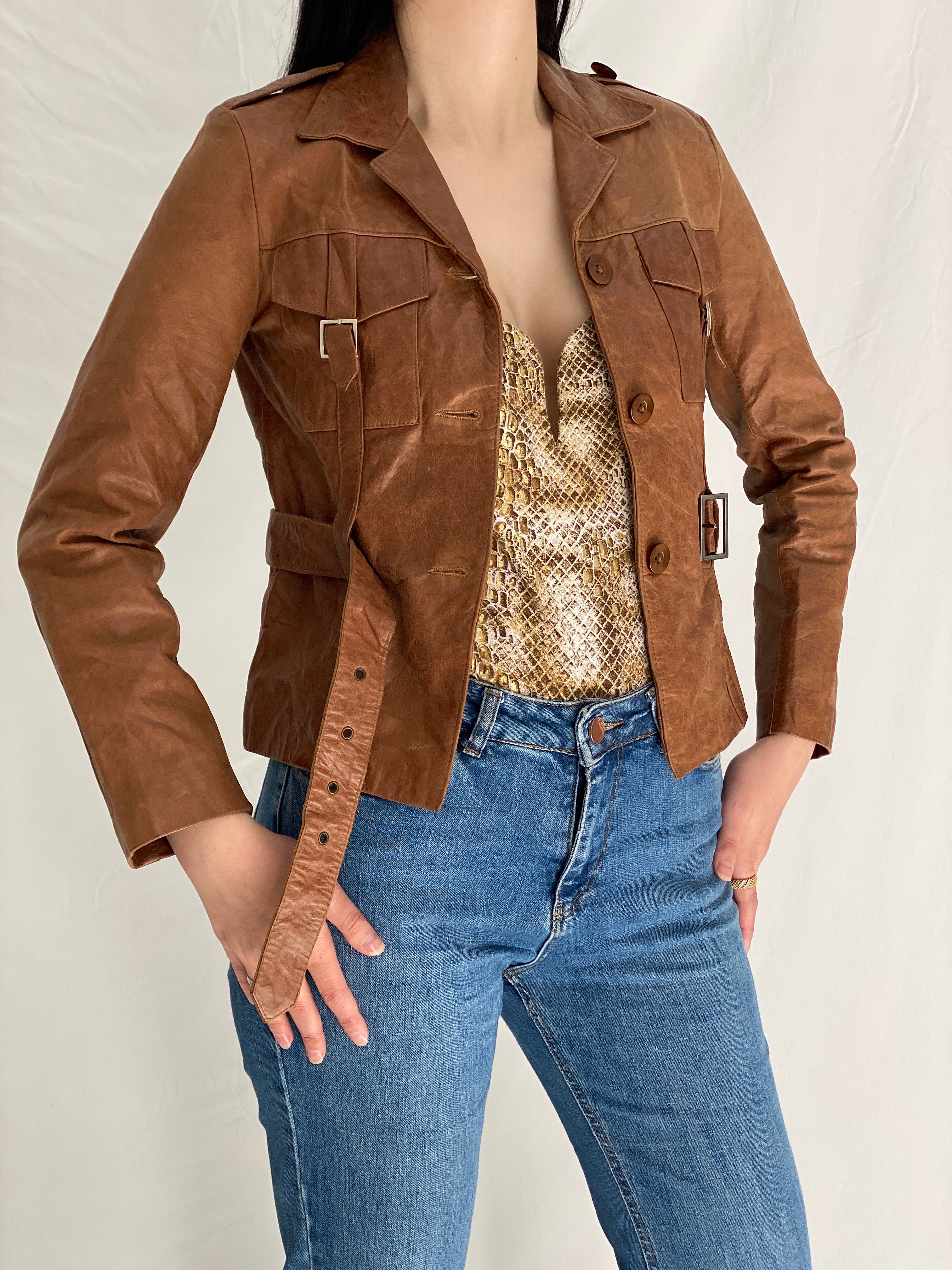 Vintage Y2K Influence Paris Brown Genuine Leather Fitted Belted Jacket - S
