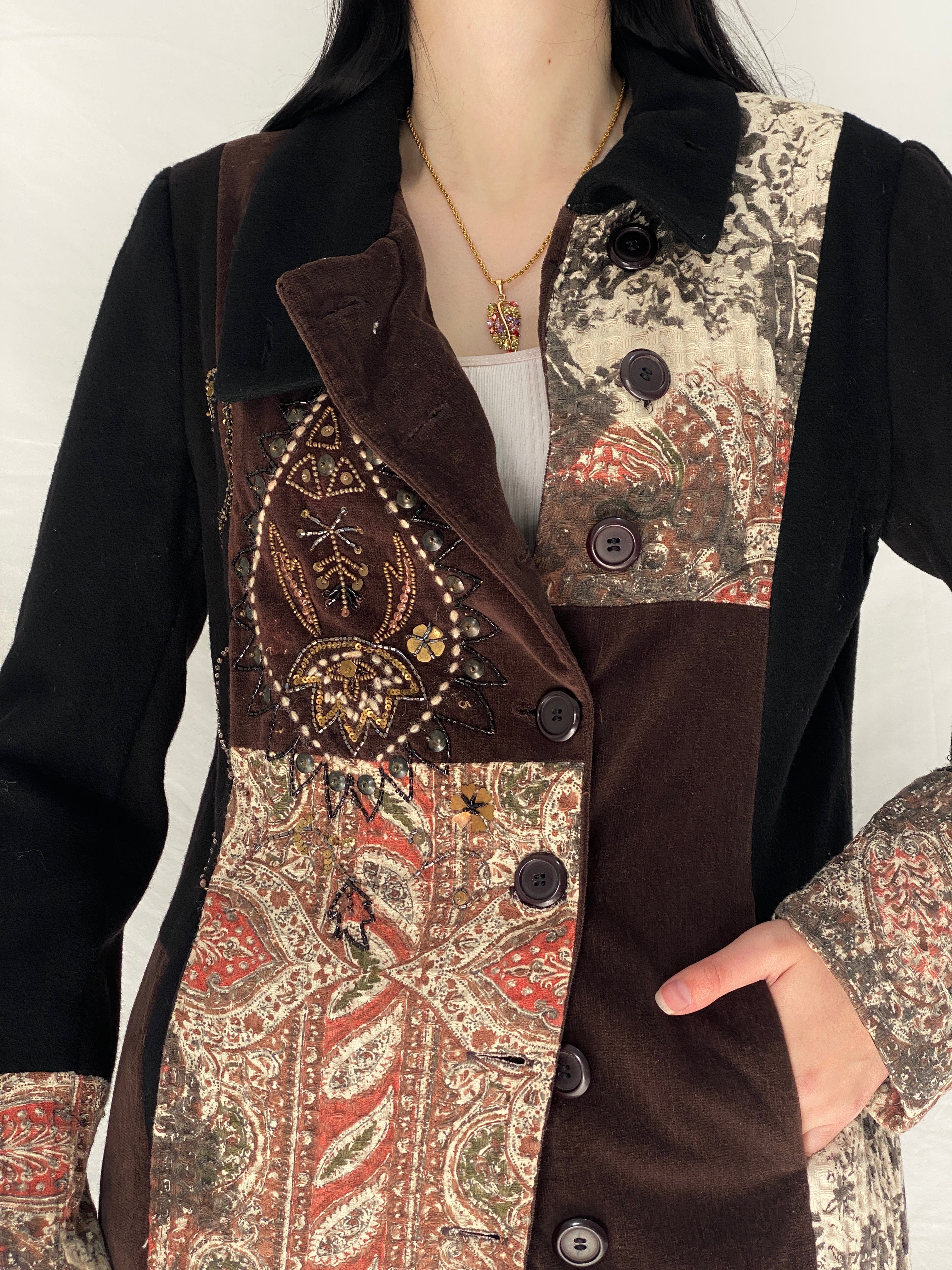 Vintage Derhy Patchwork Coat Bohemian Embroidered Artistic Long Coat 90s 00s Statement Jacket - M