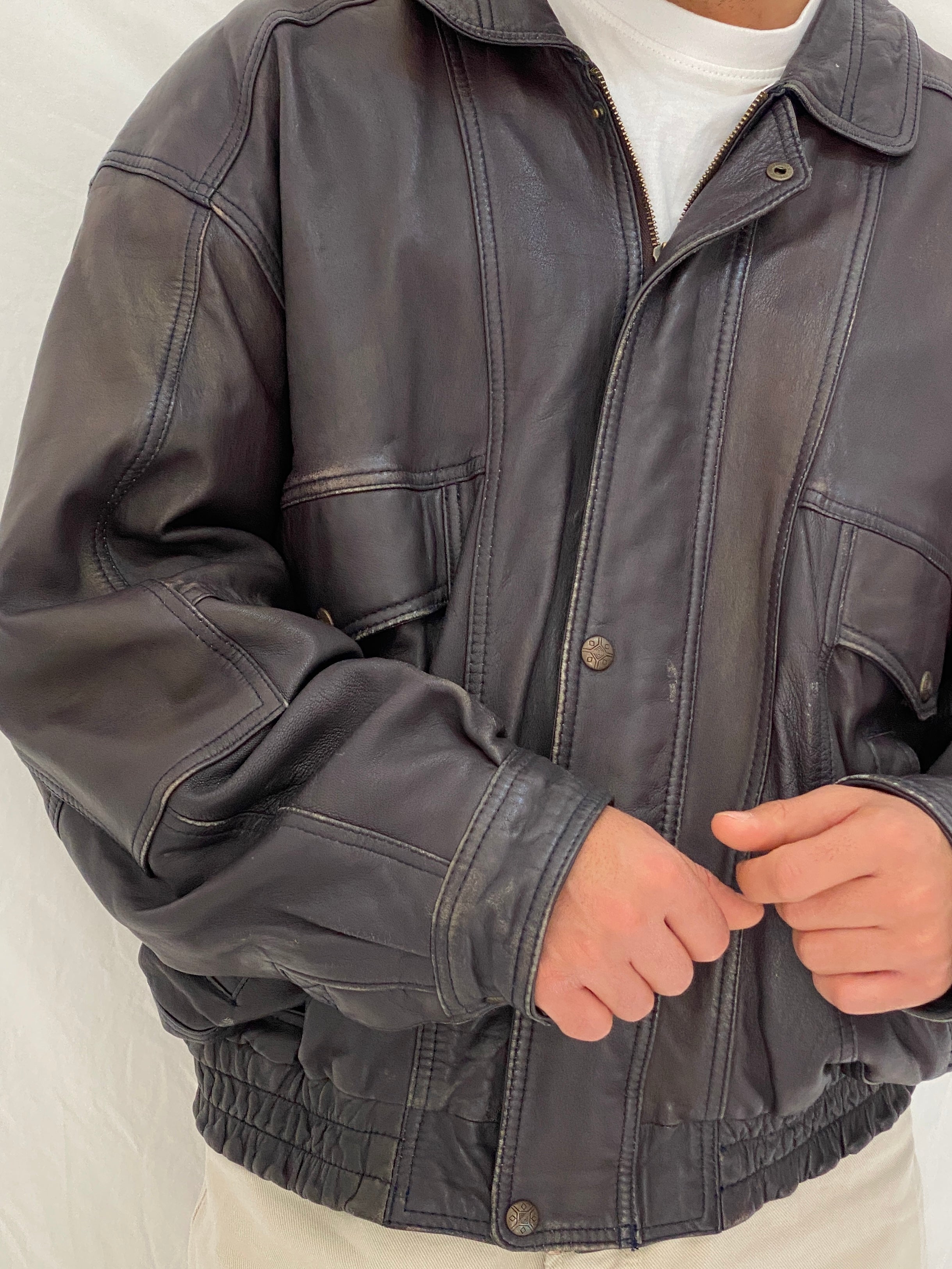 Vintage Oversized Genuine Leather Bomber Jacket in Dark Plum Brown – L