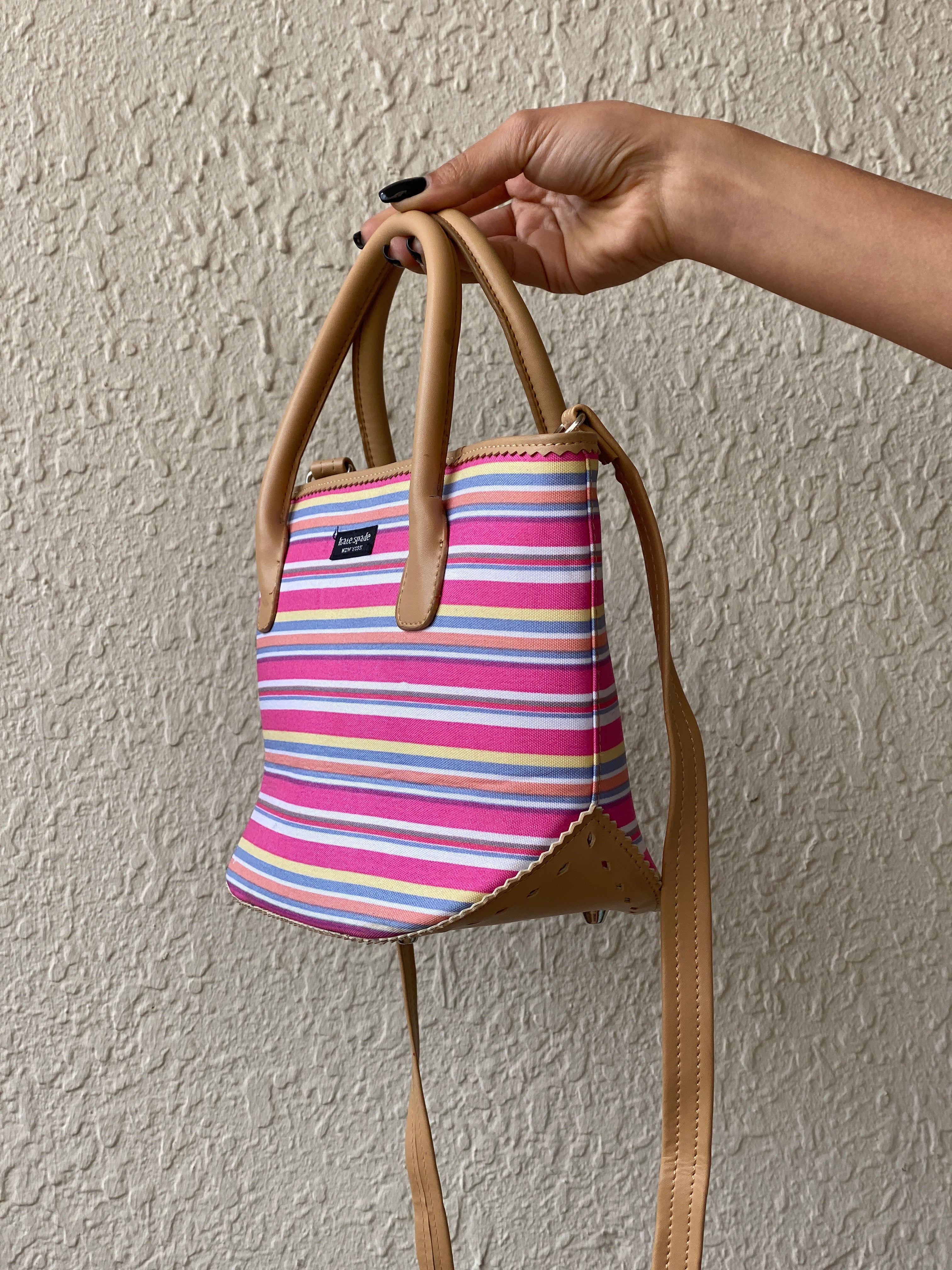 Kate Spade New York Pink Striped Canvas & Leather Summer Tote Bag