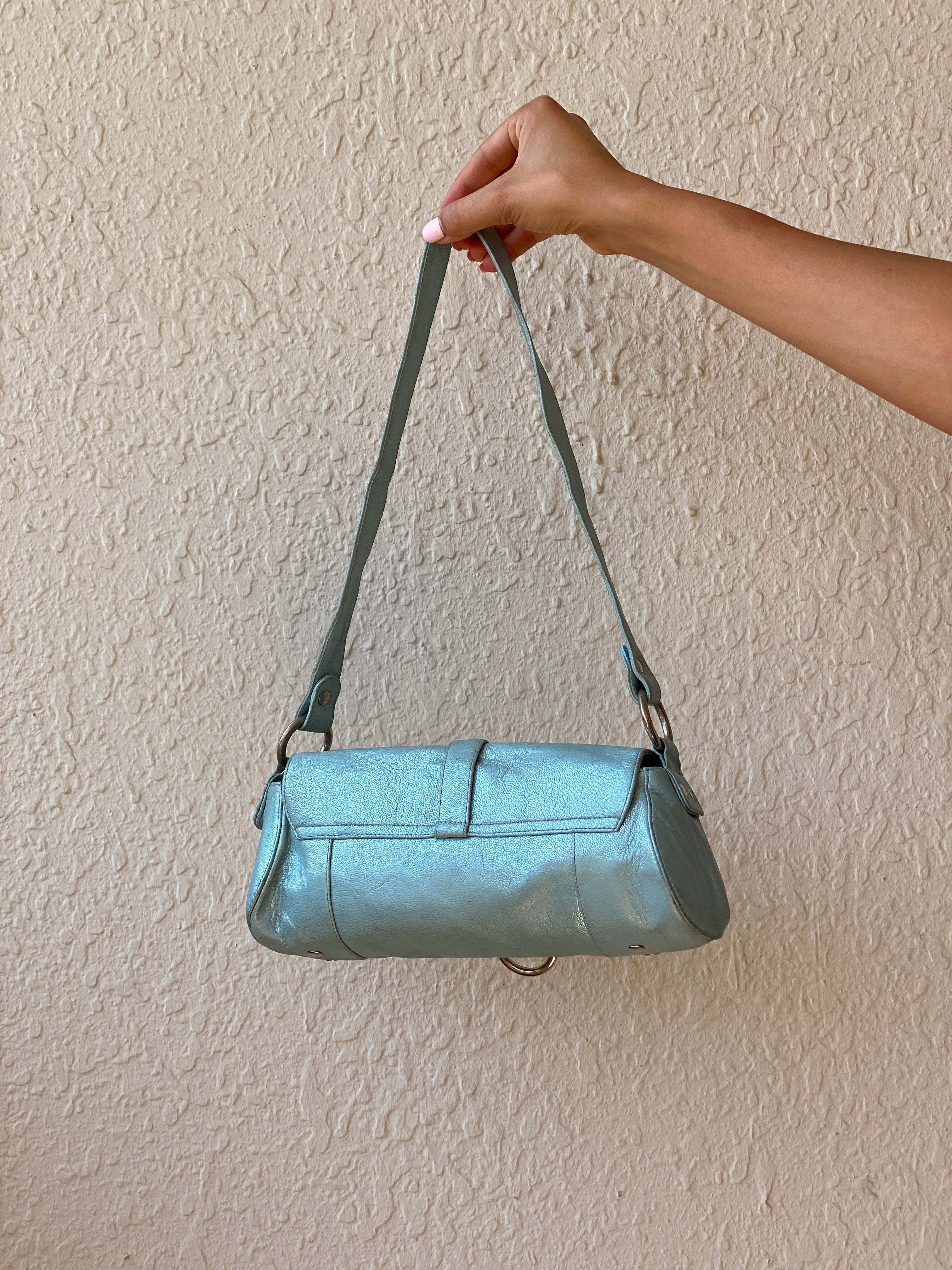 Vintage Stuart Weitzman Metallic Ice Blue Leather Shoulder Bag