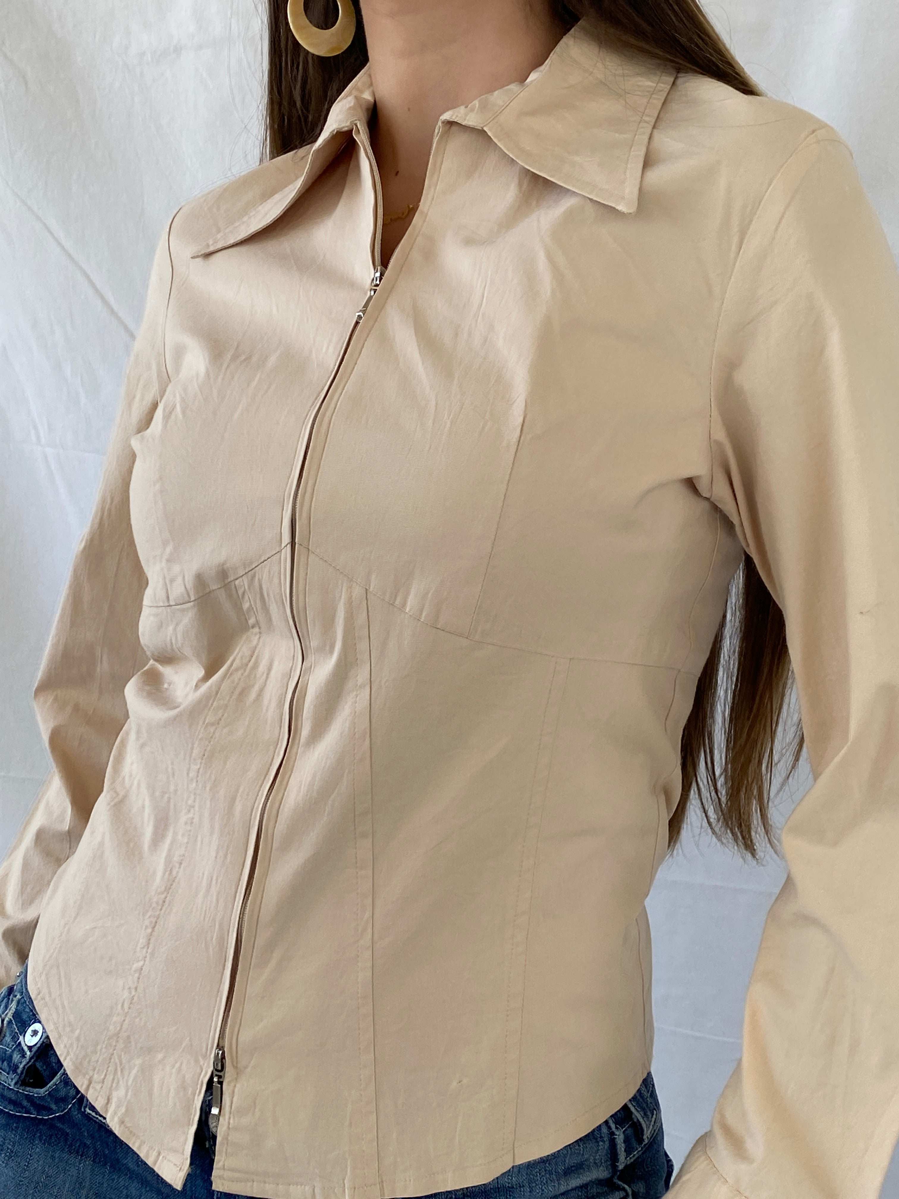 Y2K Lamie Beige Structured Office Core Zip Up Full Sleeve Shirt - M