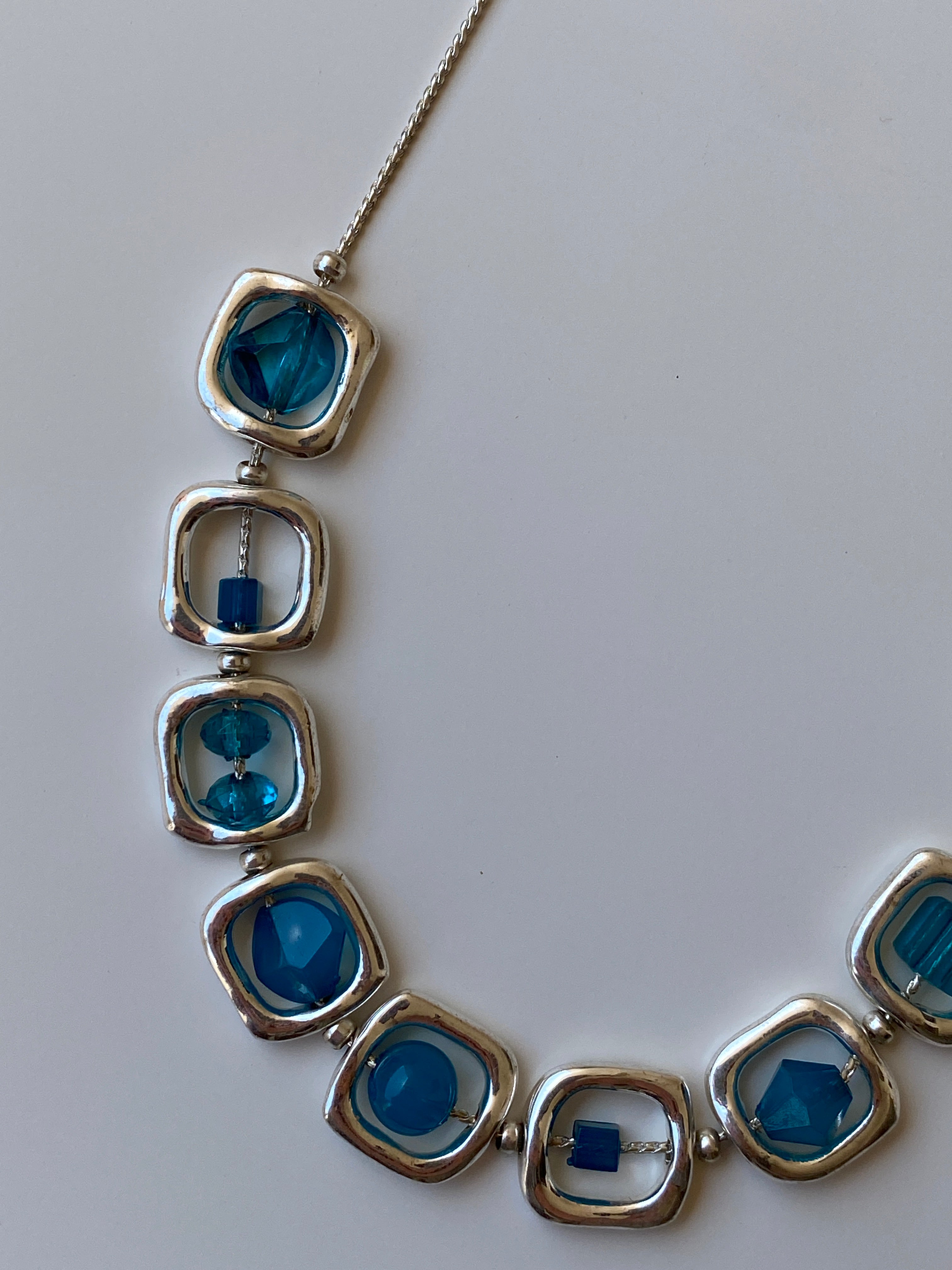 Y2K Blue Crystal Bead Framed Square Link Silver Necklace