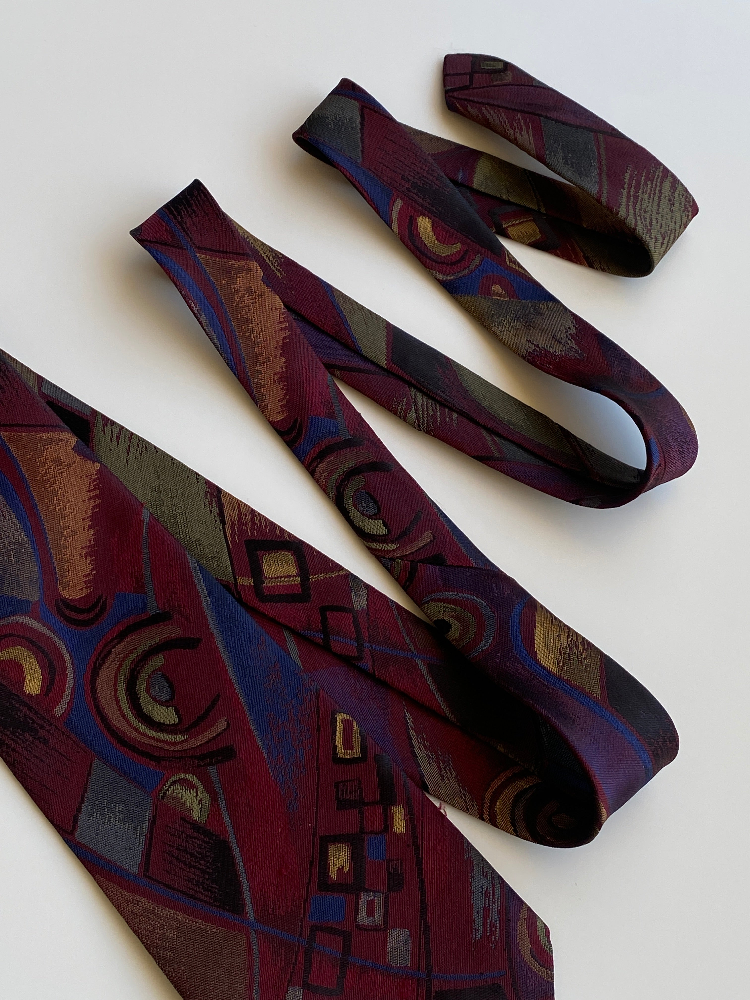 Vintage 1990s Burgundy Purple Abstract Geometric Wide Necktie