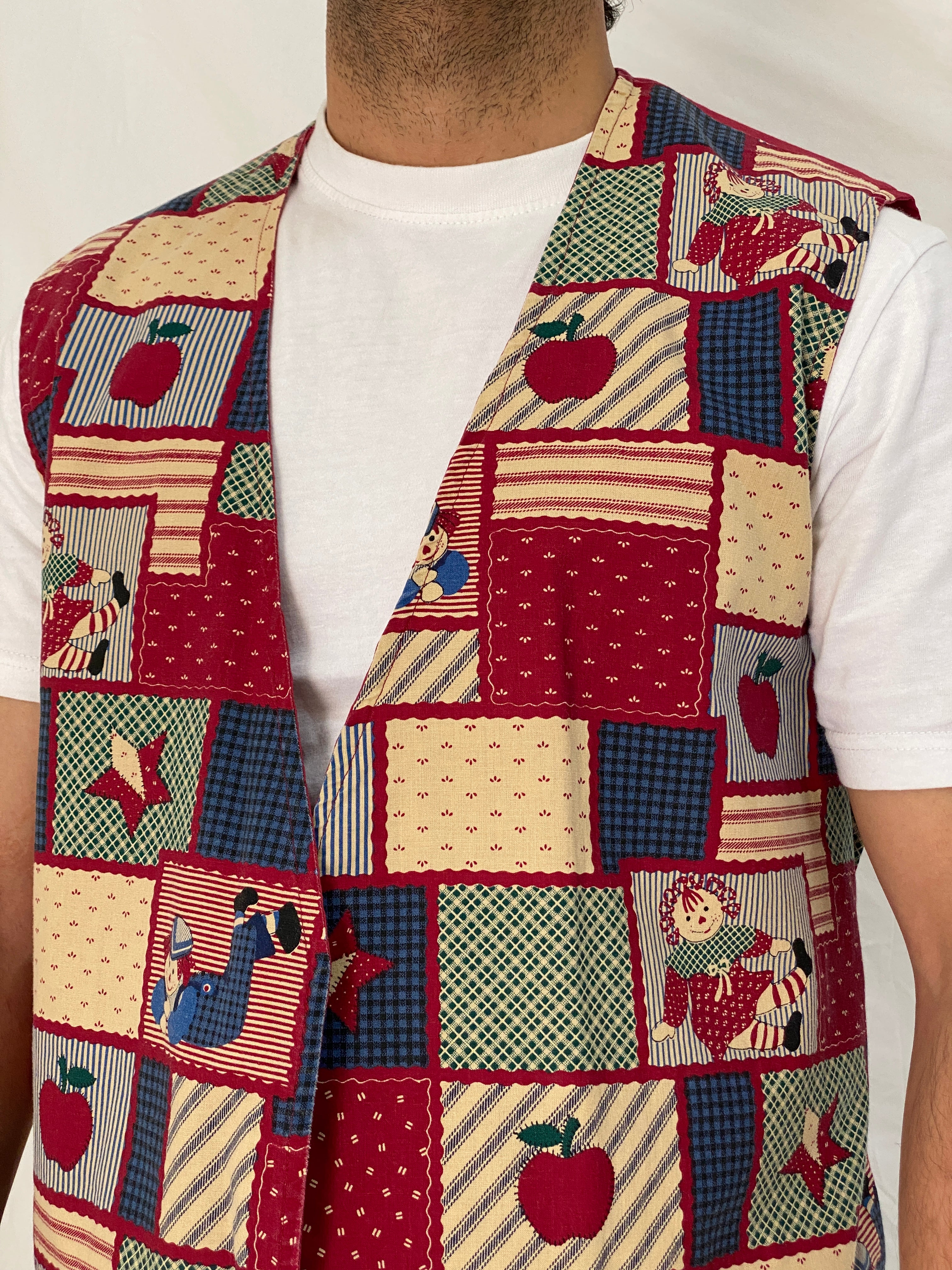 Vintage Handmade Patchwork Novelty Vest Red Folk Cotton Waistcoat – L