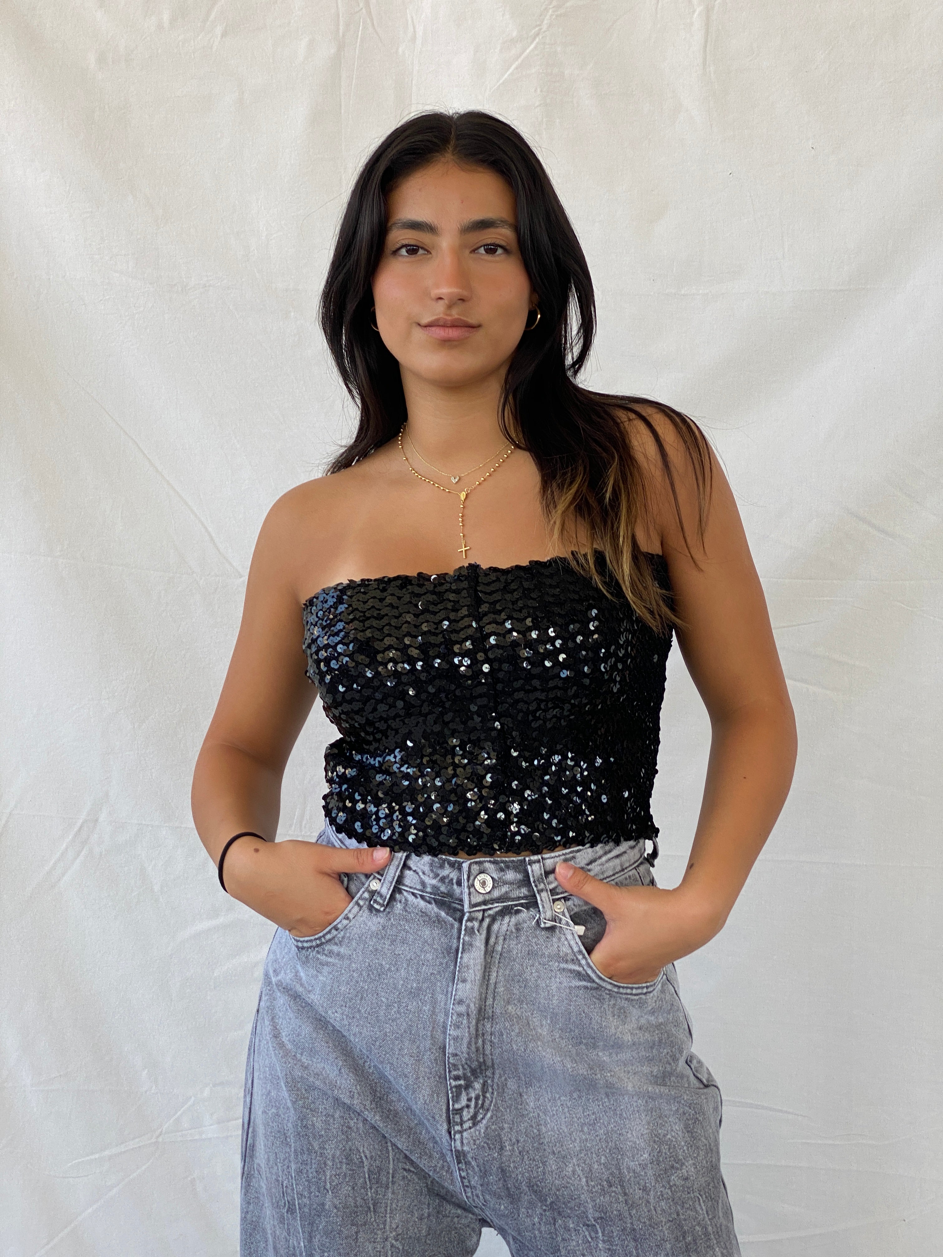 Vintage 80s MARC AUREL Sequin Black Bandeau Strapless Top - S