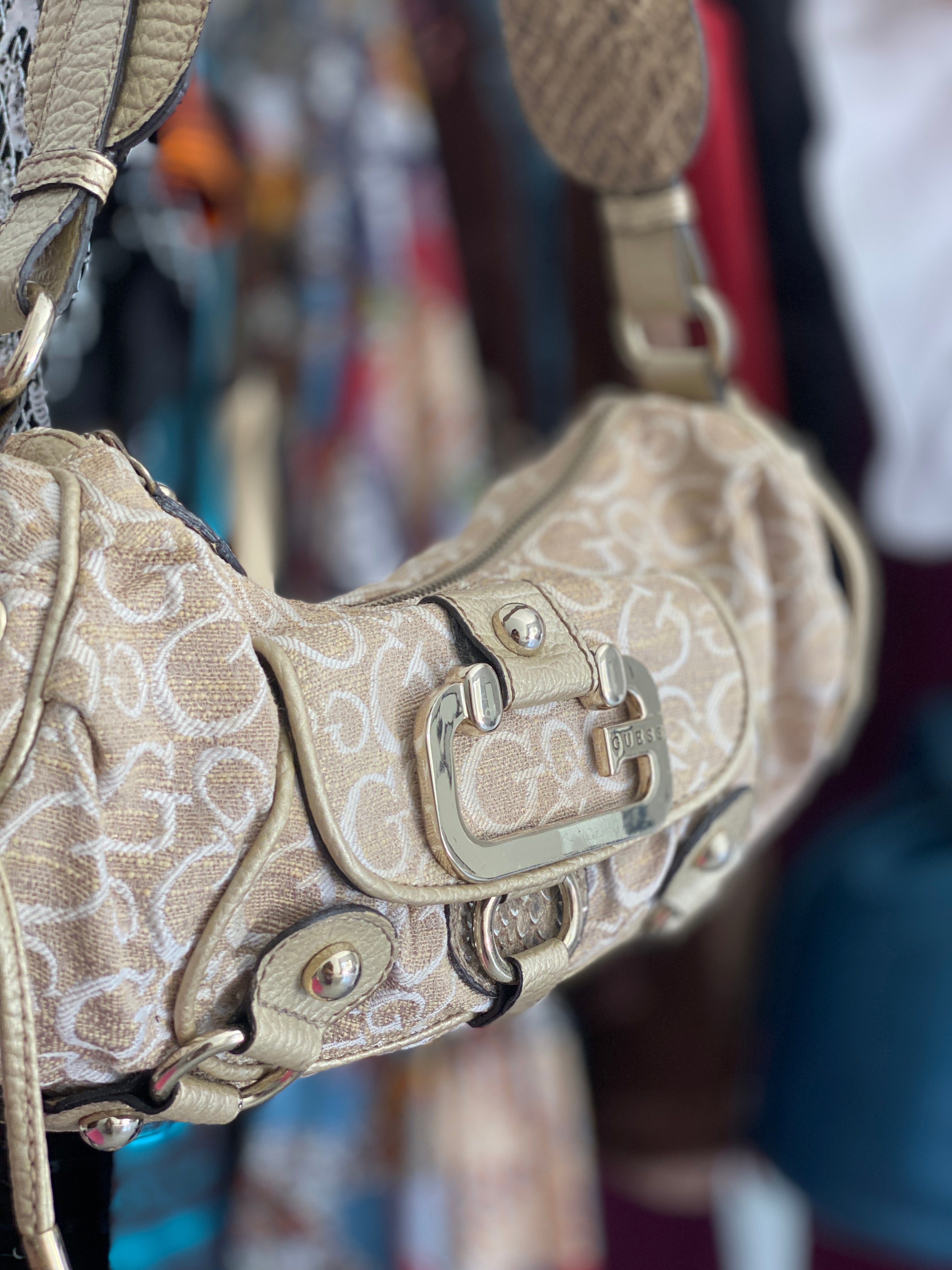 Vintage Y2K Guess Beige Monogram Canvas Moto Hobo Shoulder Bag