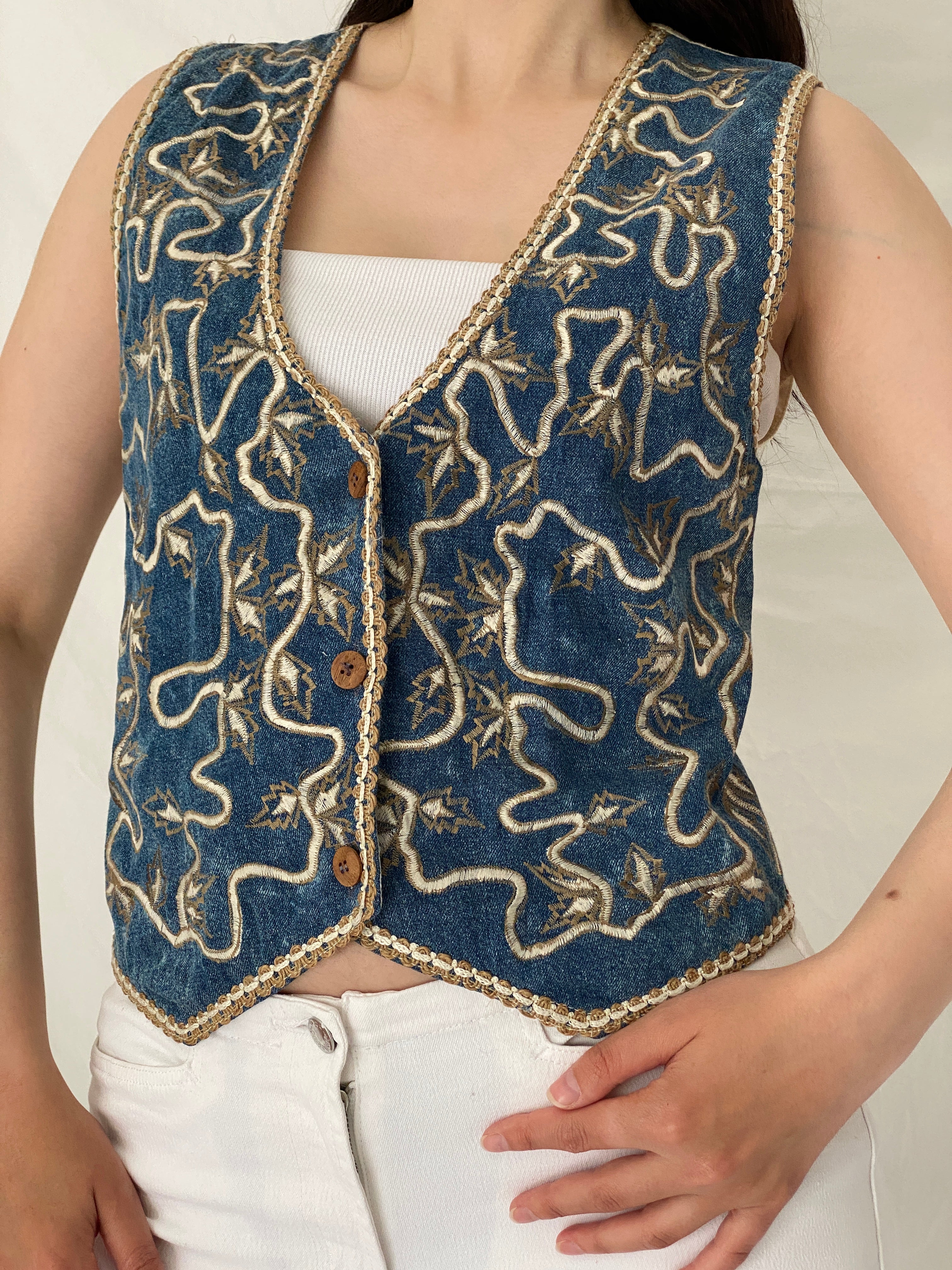 Vintage Agapo Embroidered Denim Vest Blue Cotton Boho Tie Back Waistcoat - M