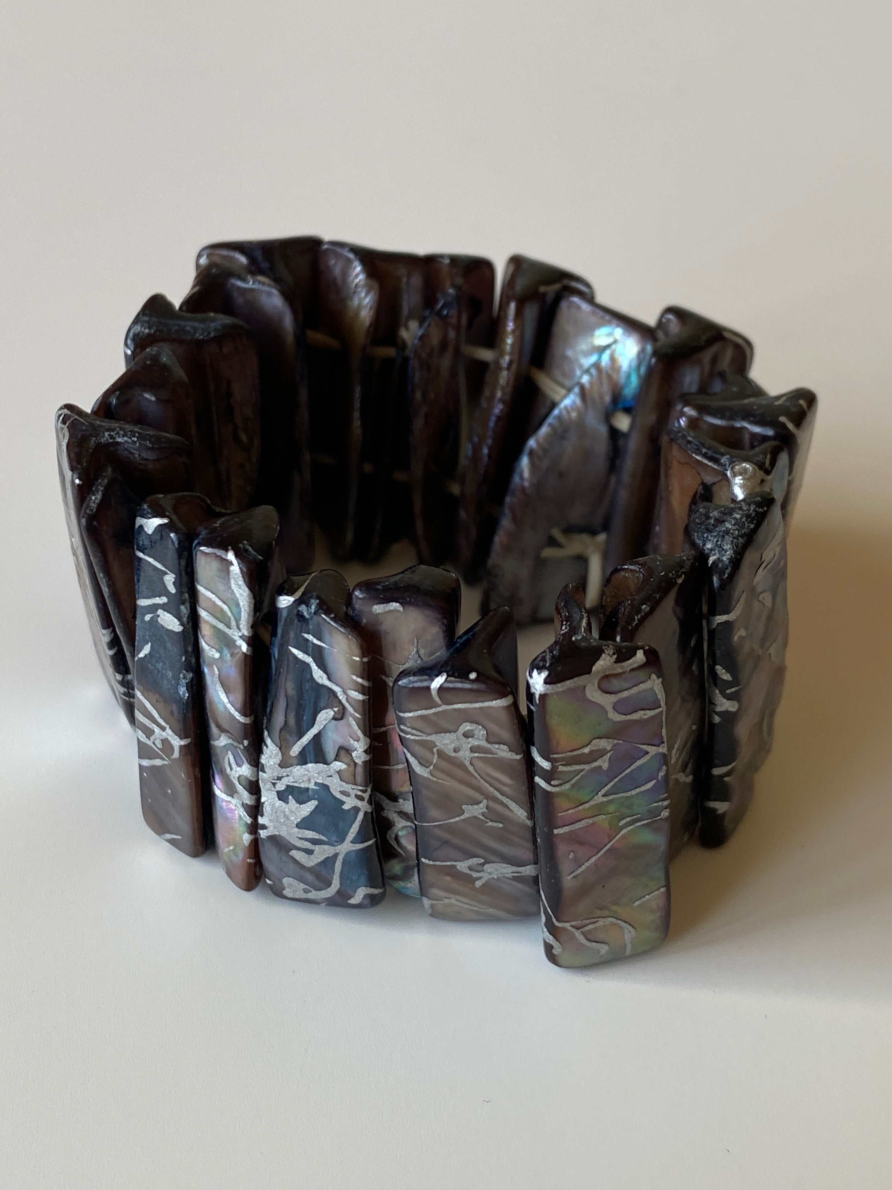 Vintage Abalone Shell Elastic Bracelet Iridescent Mother of Pearl Chunky Statement Bracelet