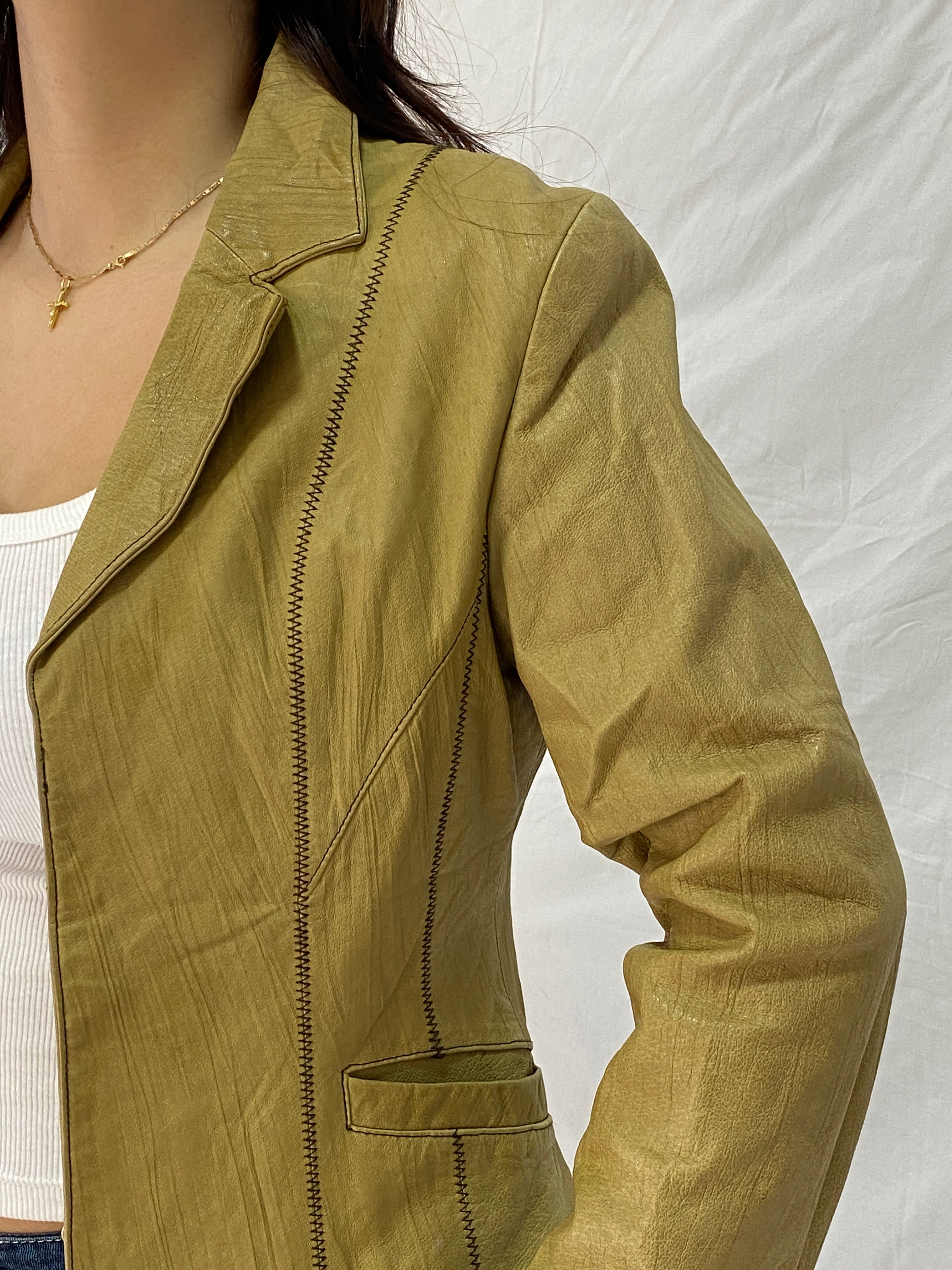 Vintage Attr@ttivo Tan Genuine Leather Blazer with Contrast Stitching Tailored Jacket – M