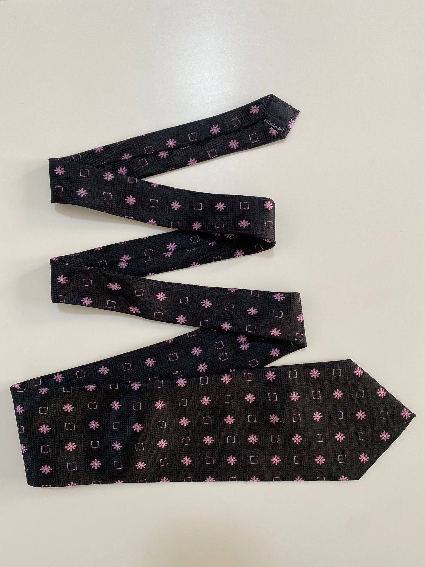 Vintage Silk Land Black with Pink Floral Geometric Pattern Tie