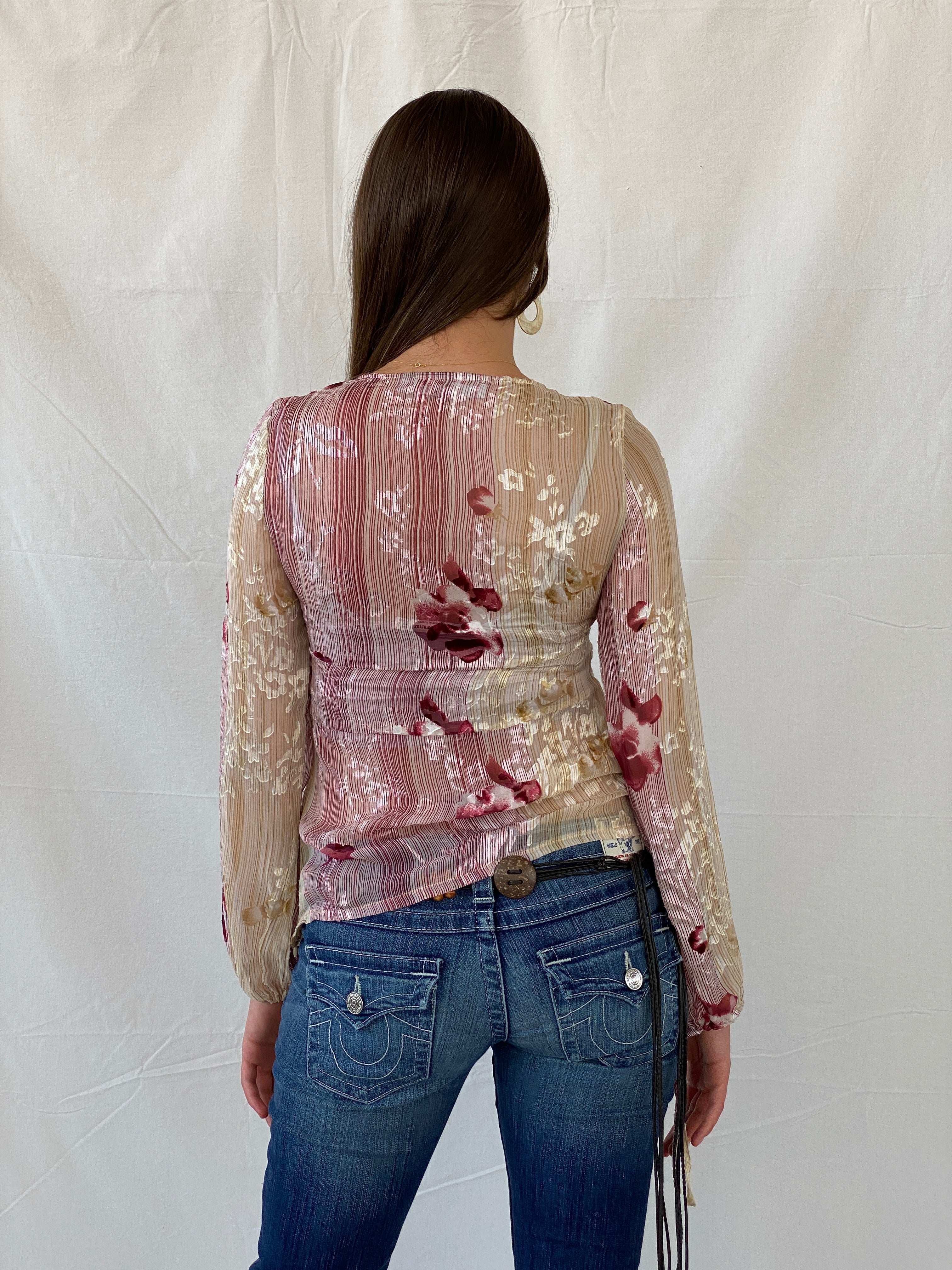 Beautiful Basque Chiffon Floral Pink Sheer Striped Blouse - M