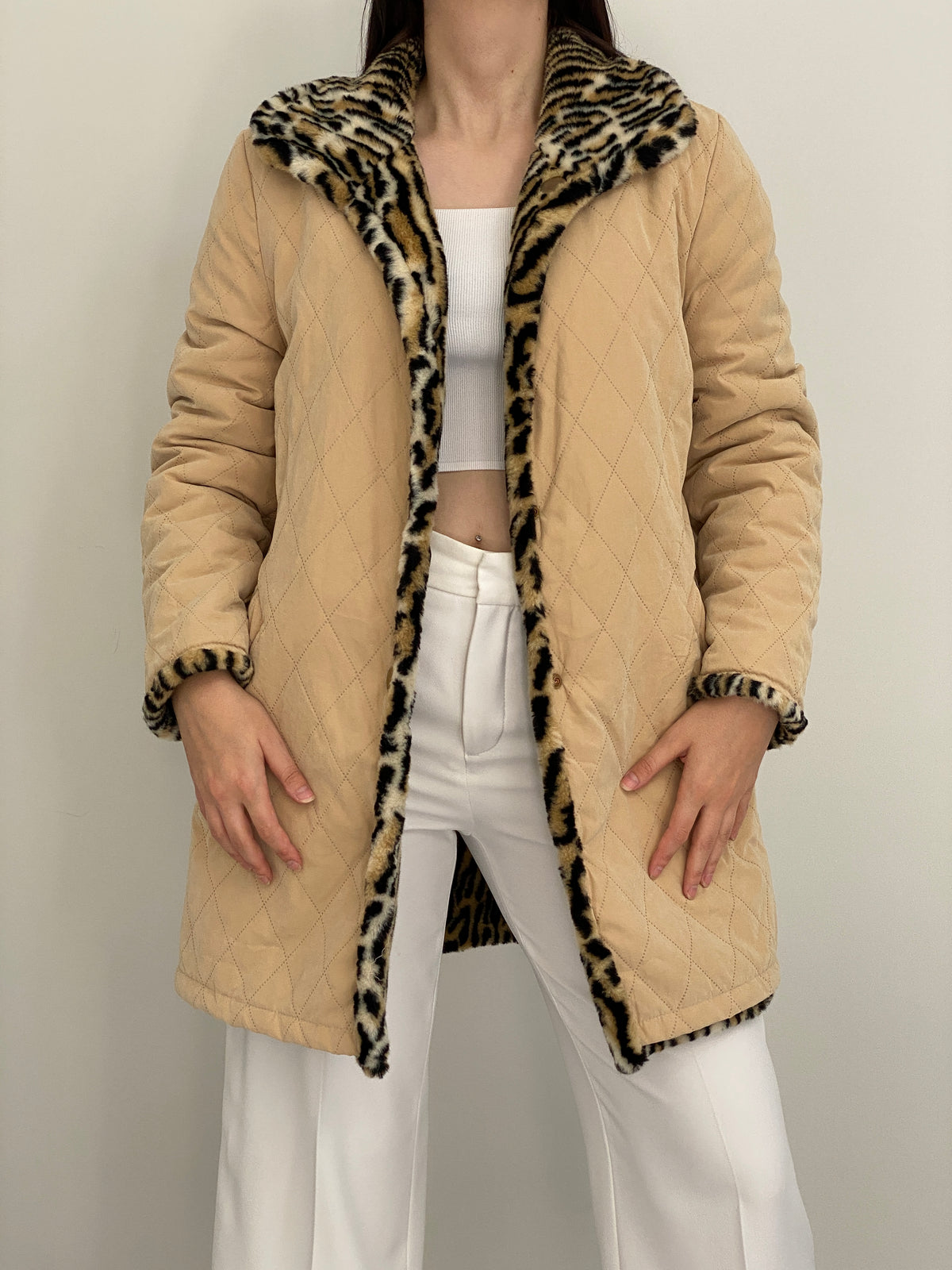 Vintage Y2K Reversible Beige Quilted Leopard Faux Fur Longline Jacket - L