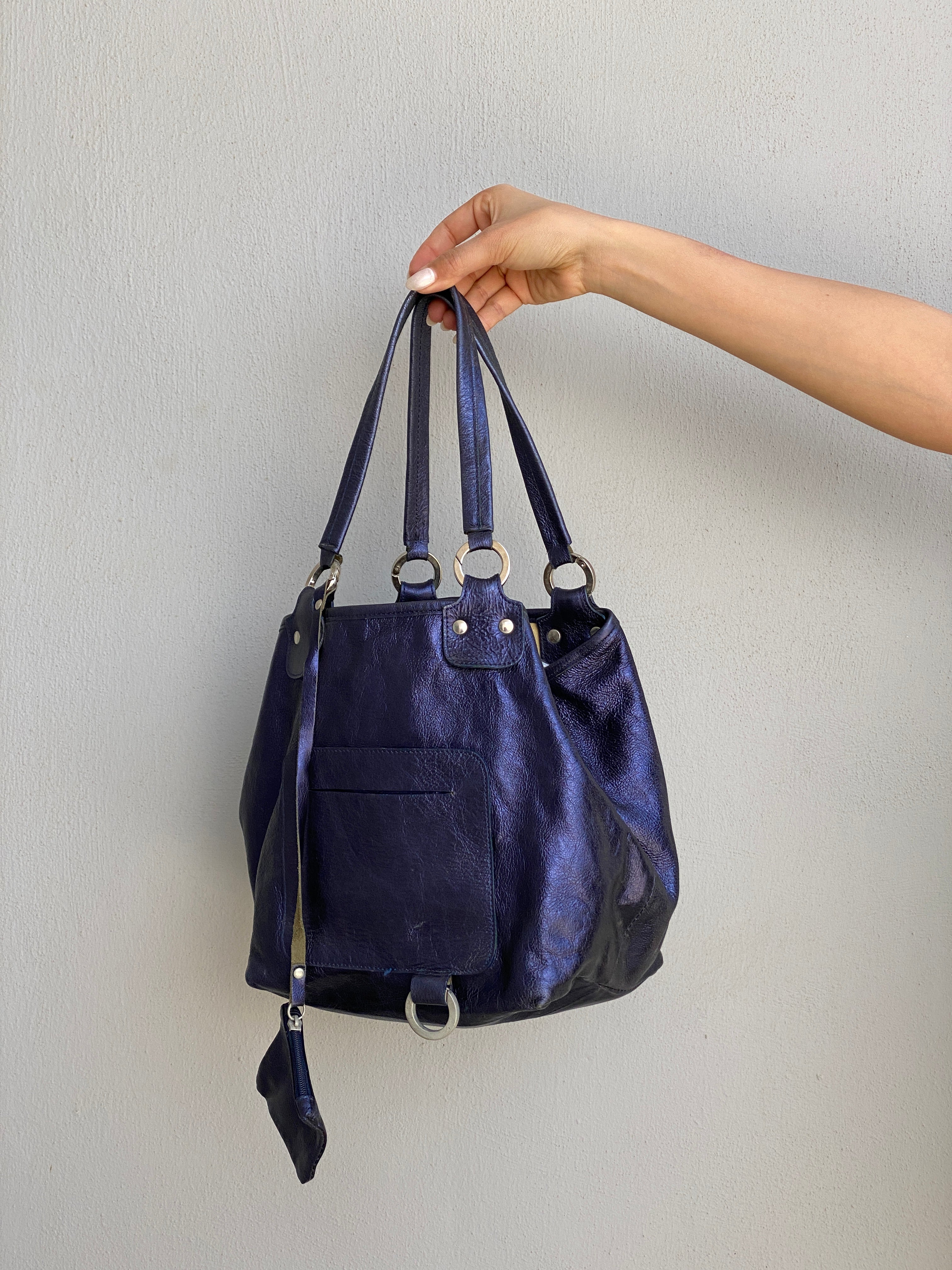 Vintage Y2K Metallic Blue Genuine Leather Slouchy Shoulder Bag