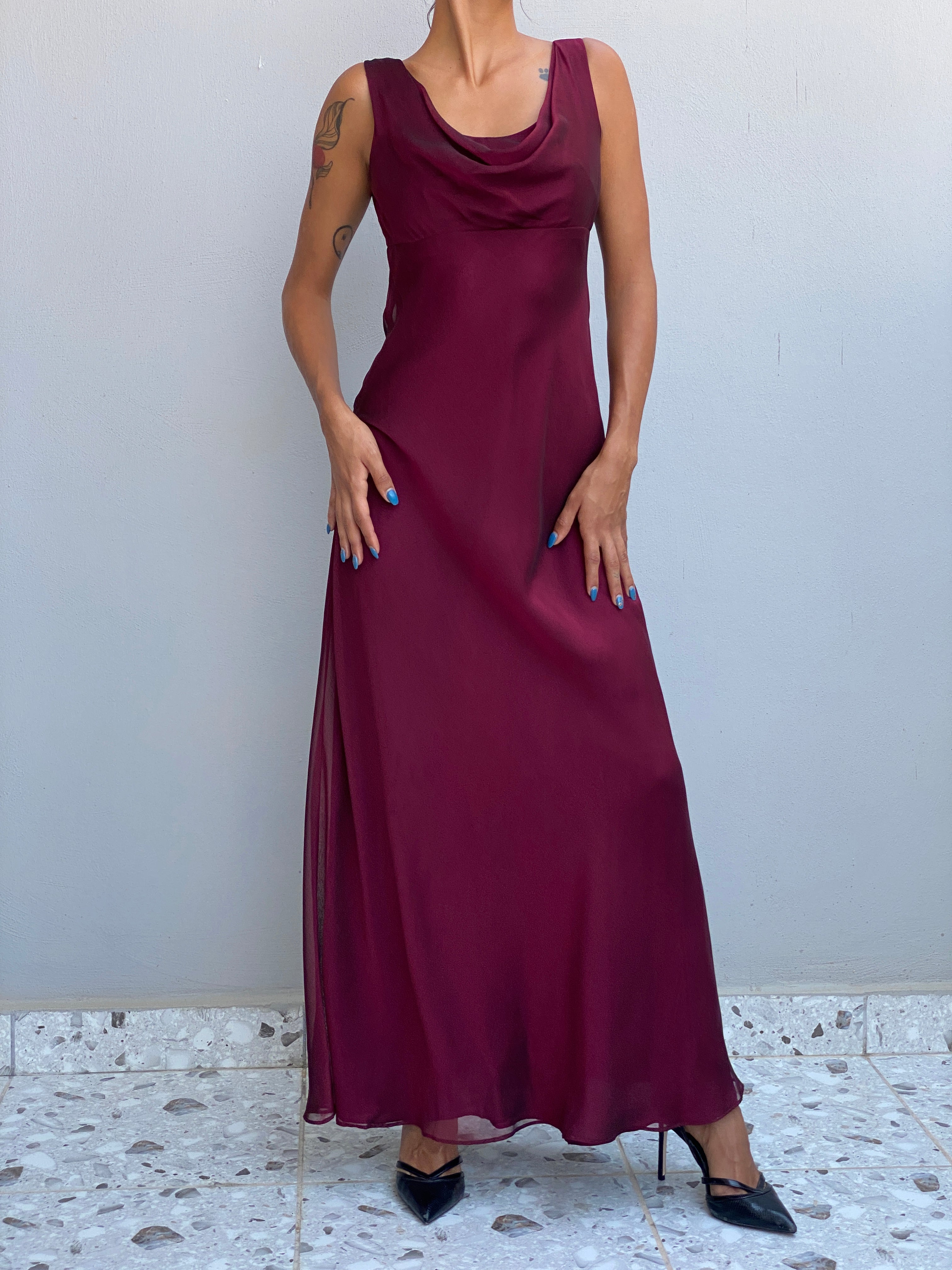 Vintage Y2K Betsy & Adam by Jaslene Burgundy Chiffon Cowl Neck Evening Gown - S