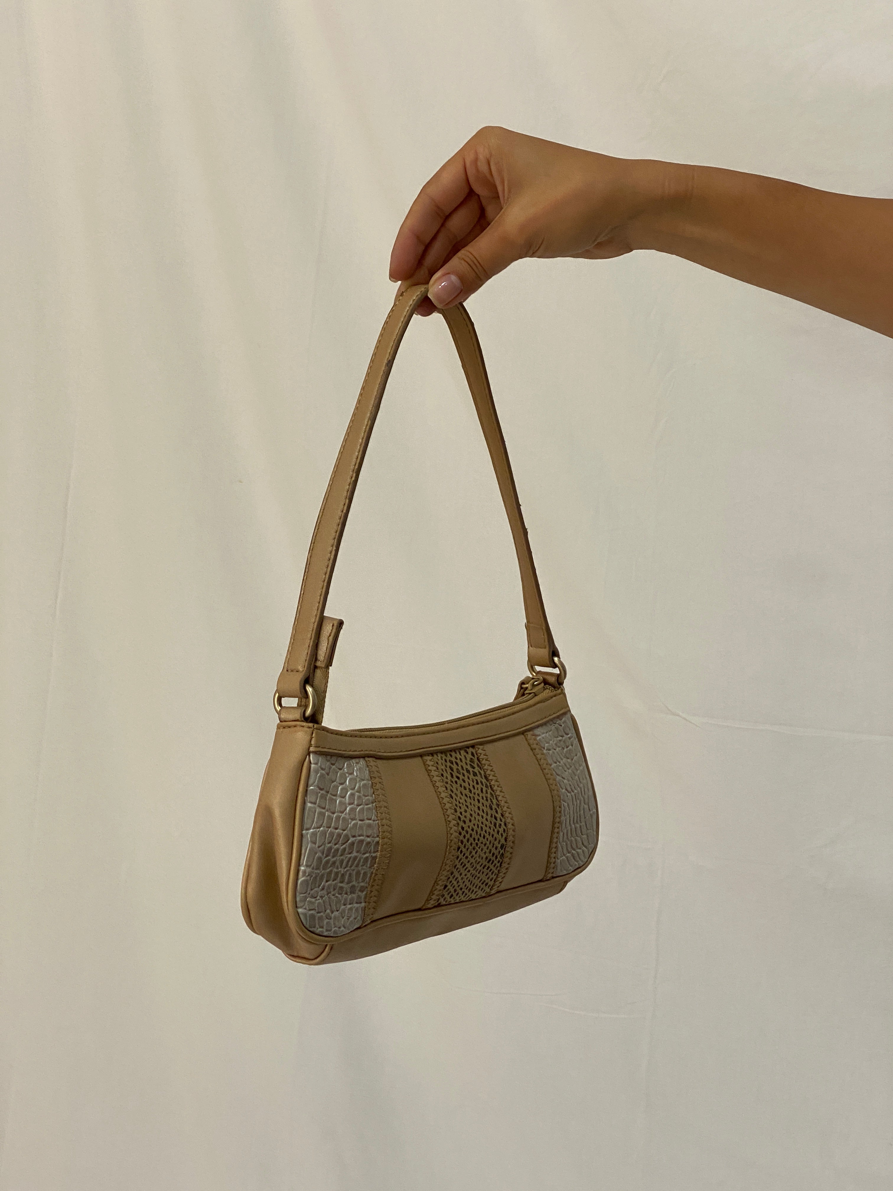Vintage Nine West Beige Shoulder Bag Y2K Faux Leather Baguette with Croc & Snakeskin Panels