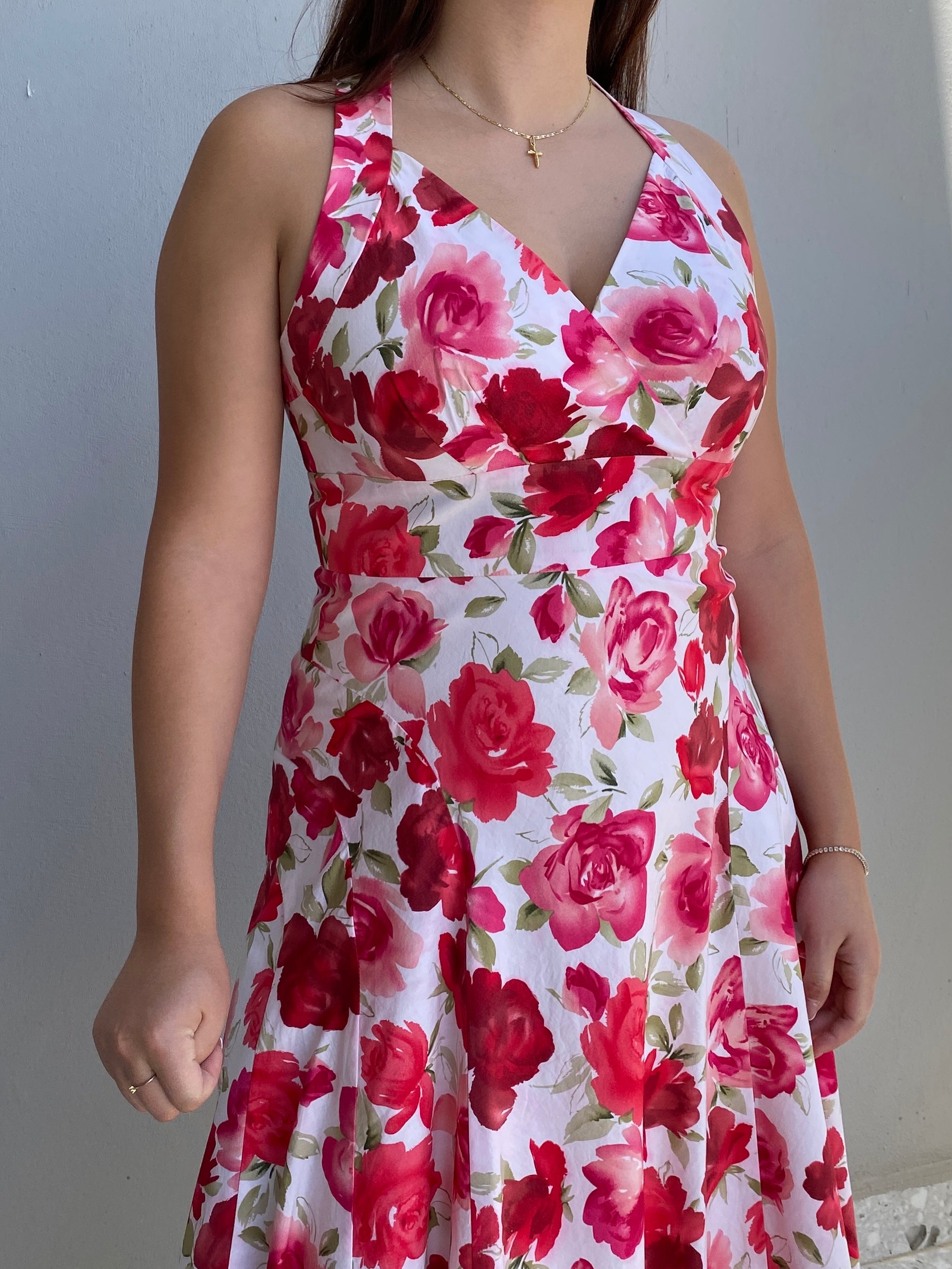 Vintage Talbots Petites White & Pink Cotton Rose Floral Halter Midi Dress – M