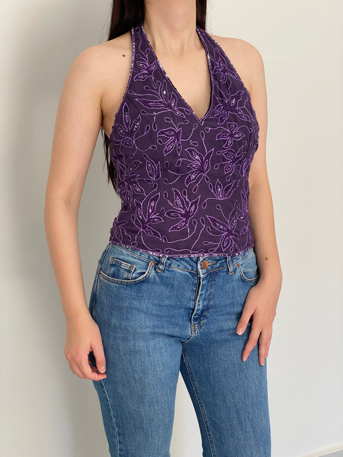Vintage 90s SWING Purple Beaded Floral Evening Halter Top – M