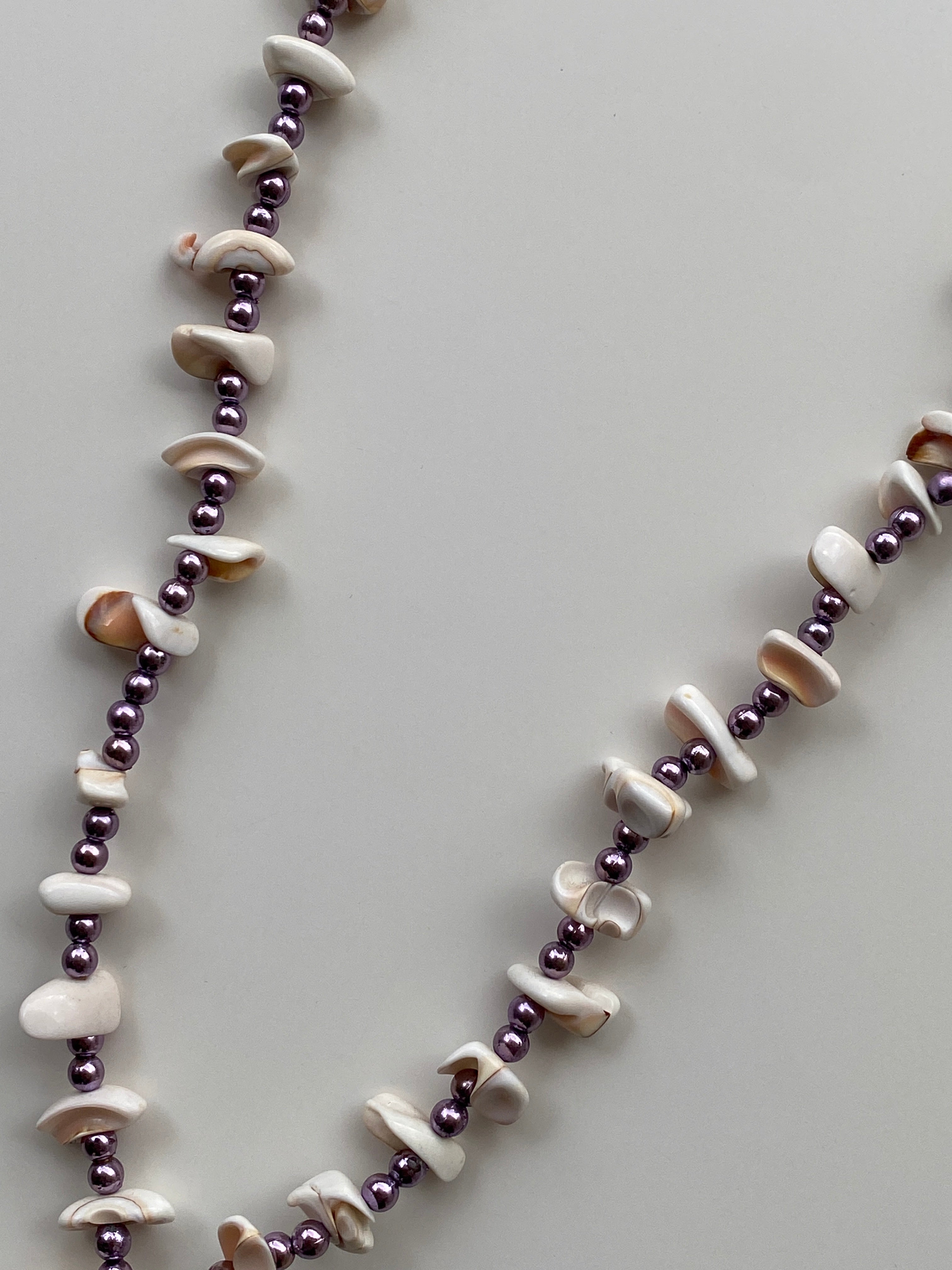 Vintage Natural Shell Chip & Lilac Pearl Bead Necklace with Spiral Shell Pendant