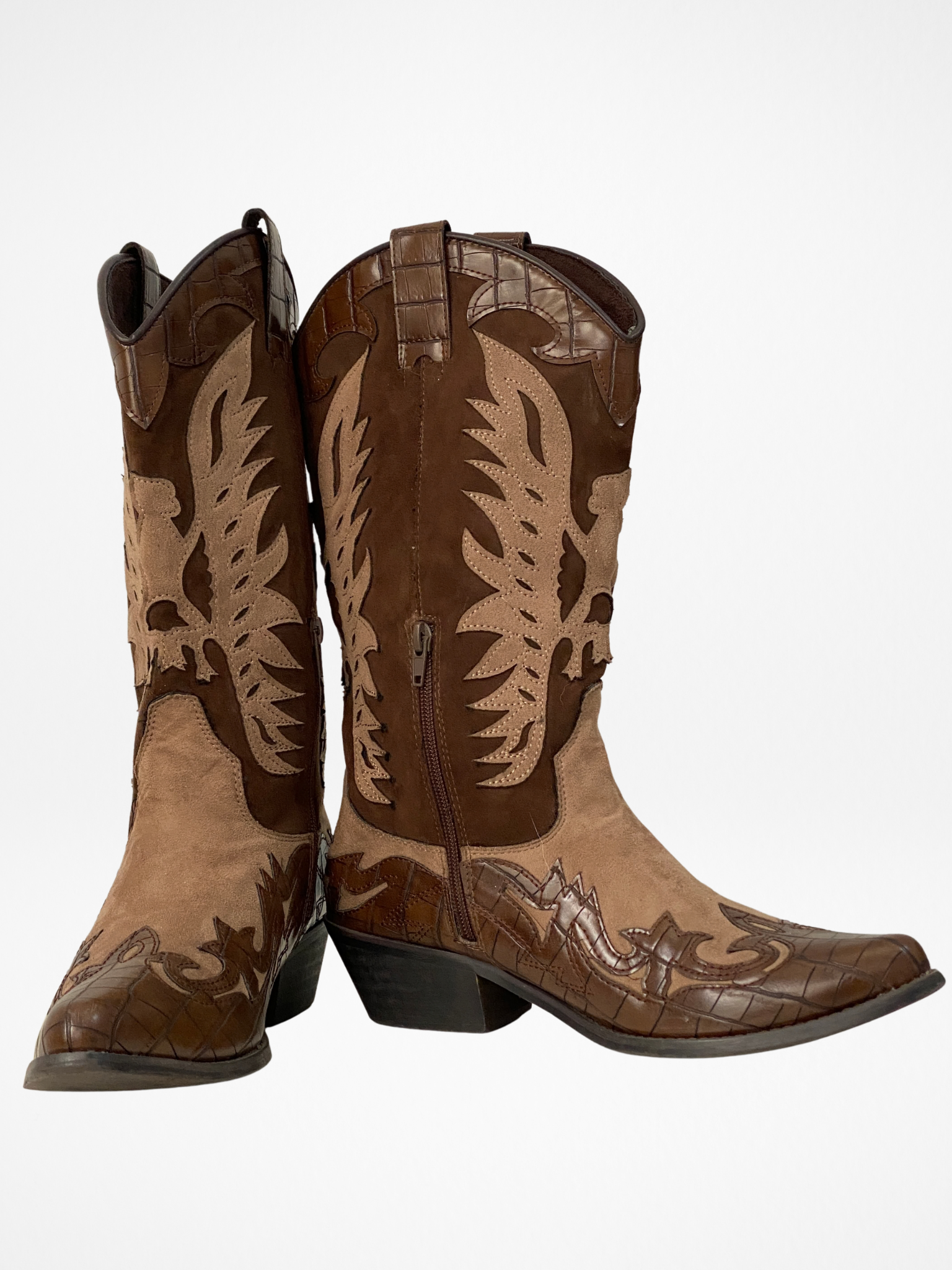 Corina Western Cowboy Boots Brown Croc Embossed & Suede Statement Festival Boots - EU 41