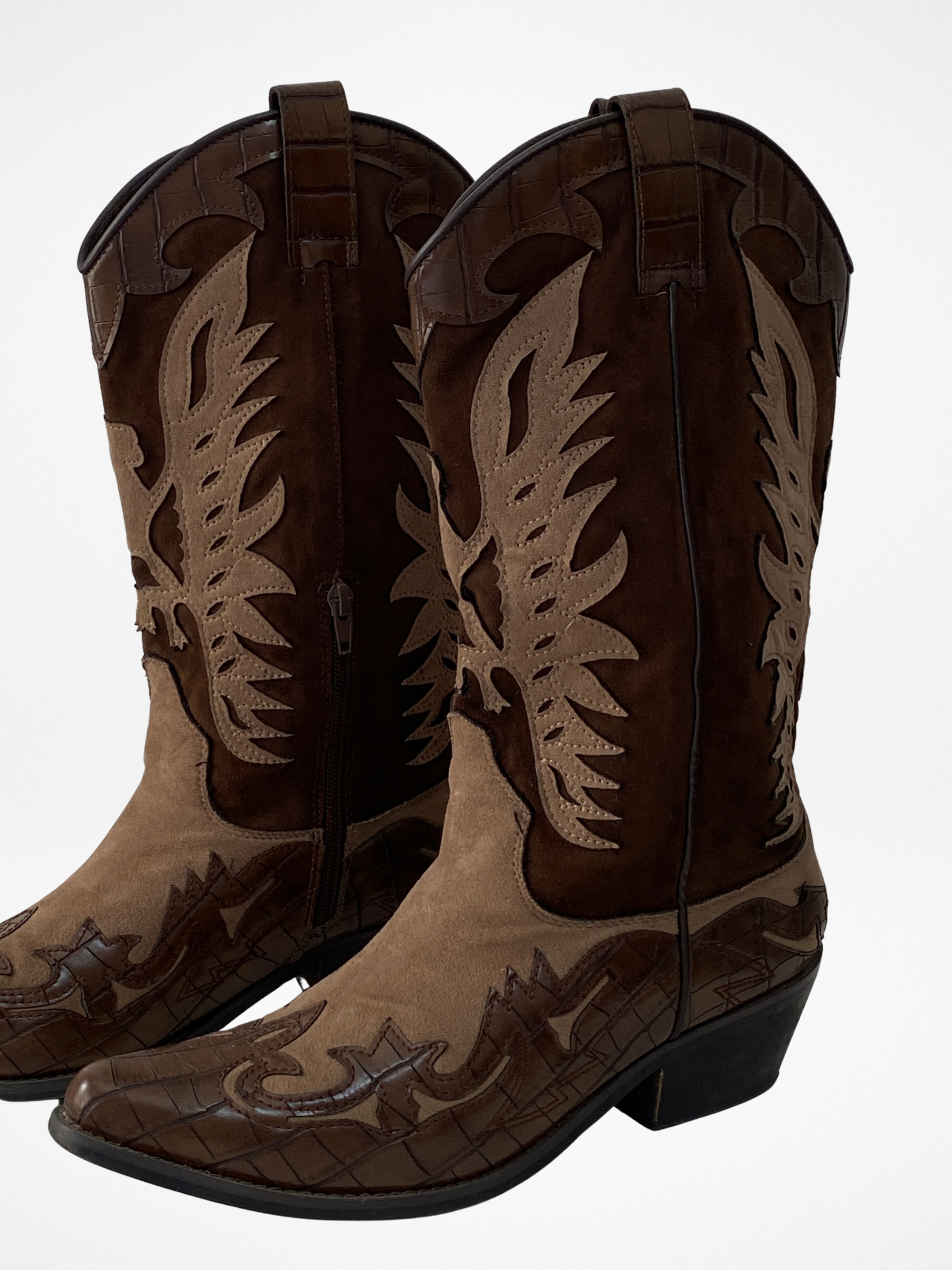 Corina Western Cowboy Boots Brown Croc Embossed & Suede Statement Festival Boots - EU 41
