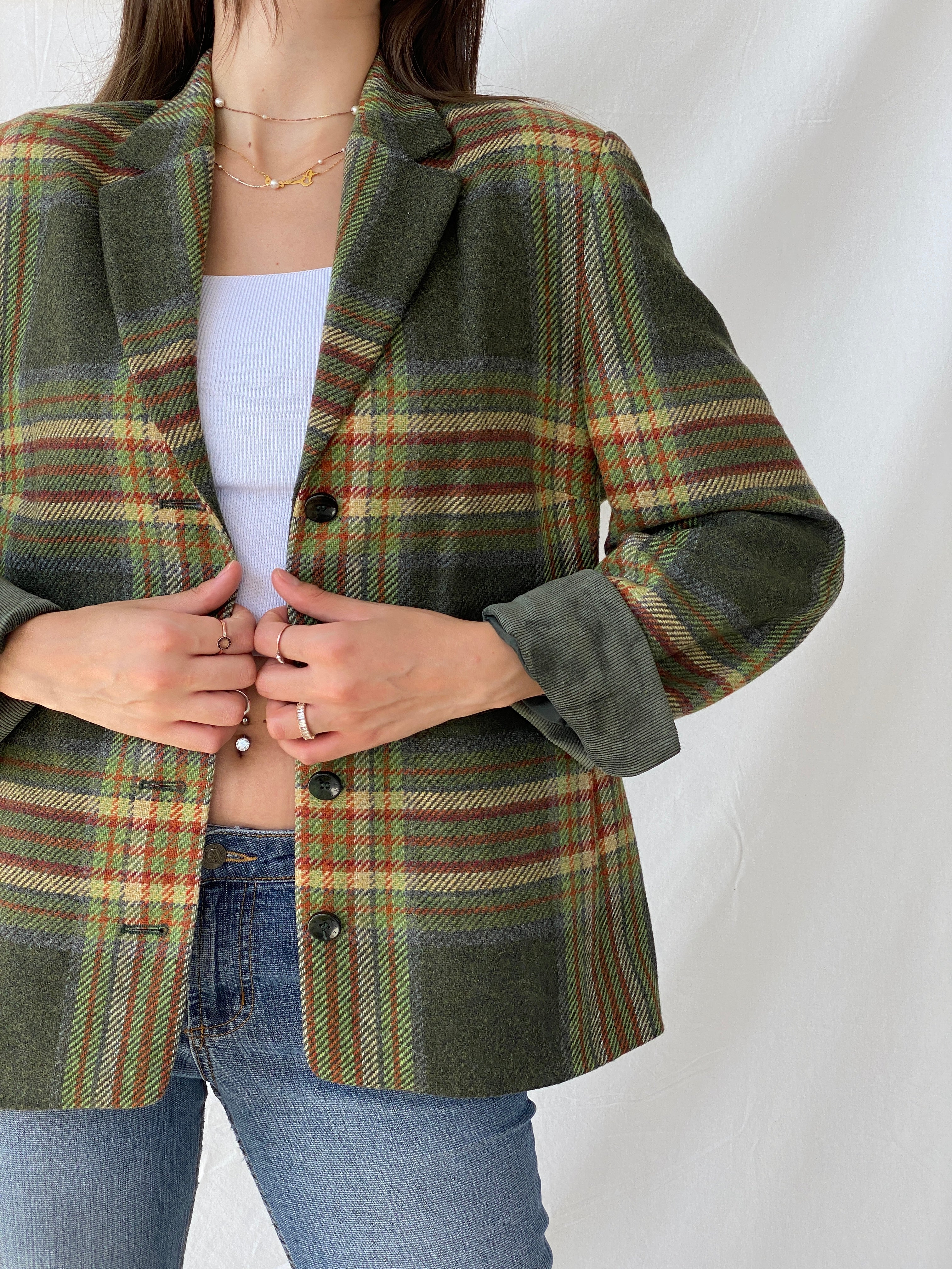 Vintage Delmod Plaid Wool Green Blazer - L