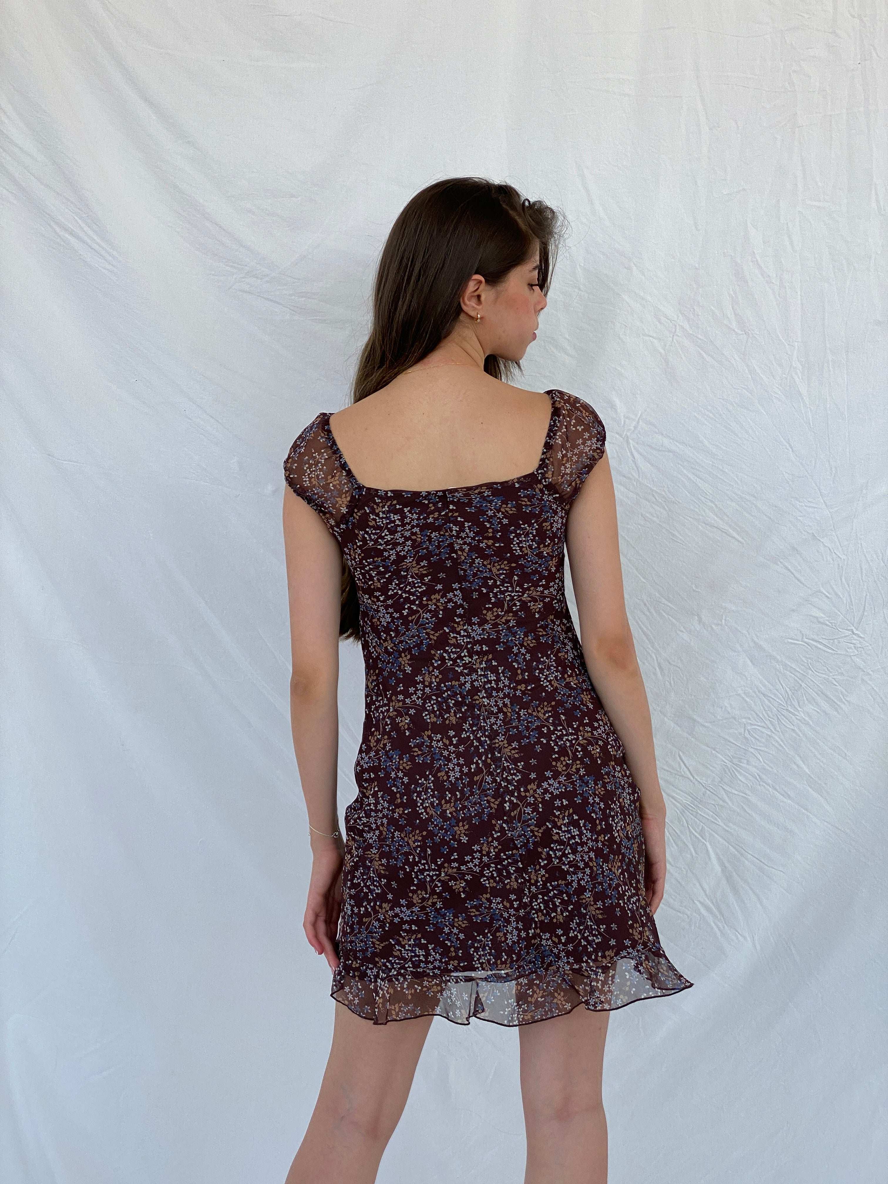 Vintage City Triangles Floral Brown Mini Dress - S - Balagan Vintage Midi Dress 00s, 90s, floral, floral dress, Mini Dress, Mira, NEW IN, silk, Wedding Guest