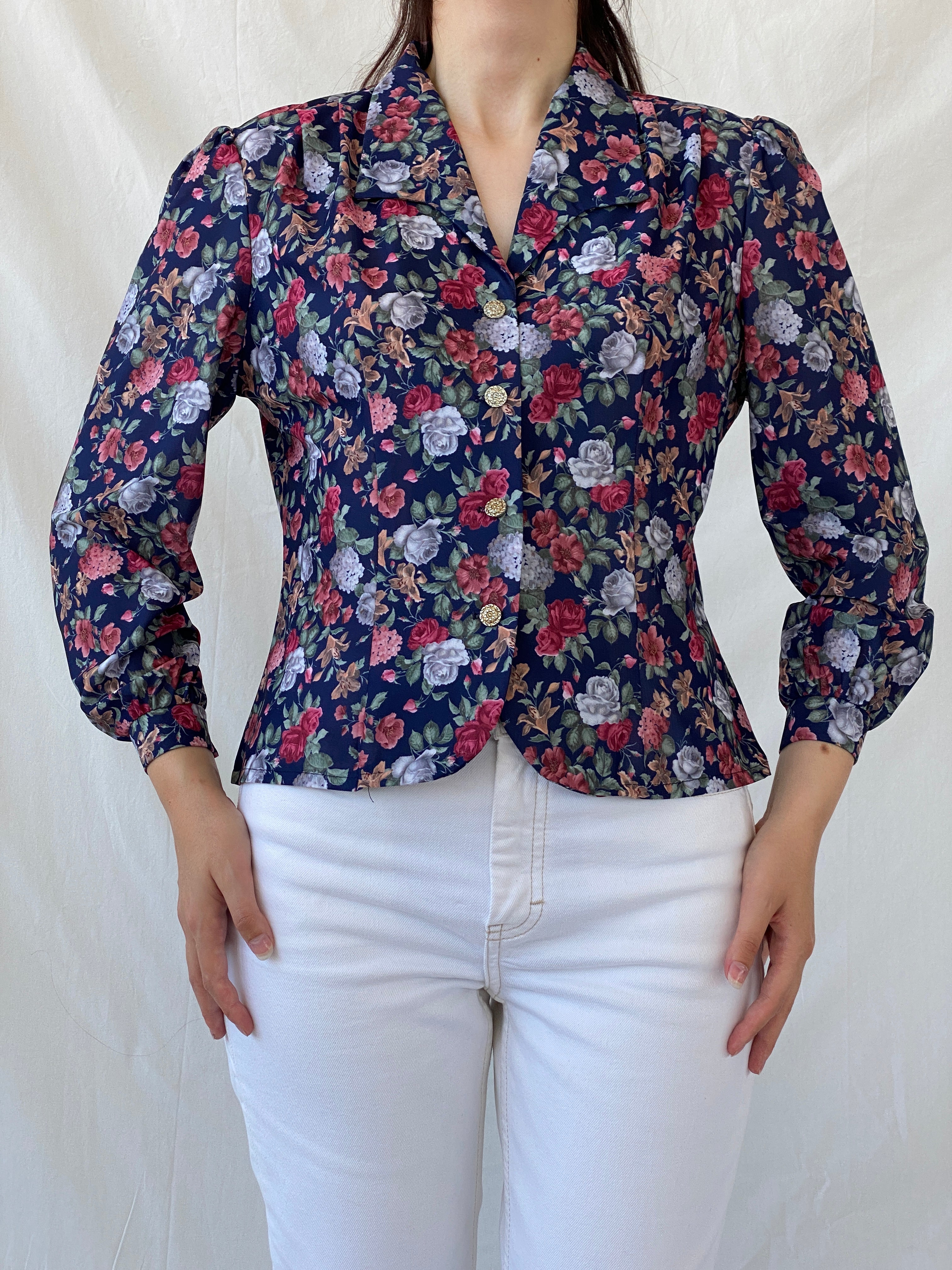 Vintage DEBENHAMS Navy Red Floral Silver Buttoned Women’s Long Sleeve Shirt - L