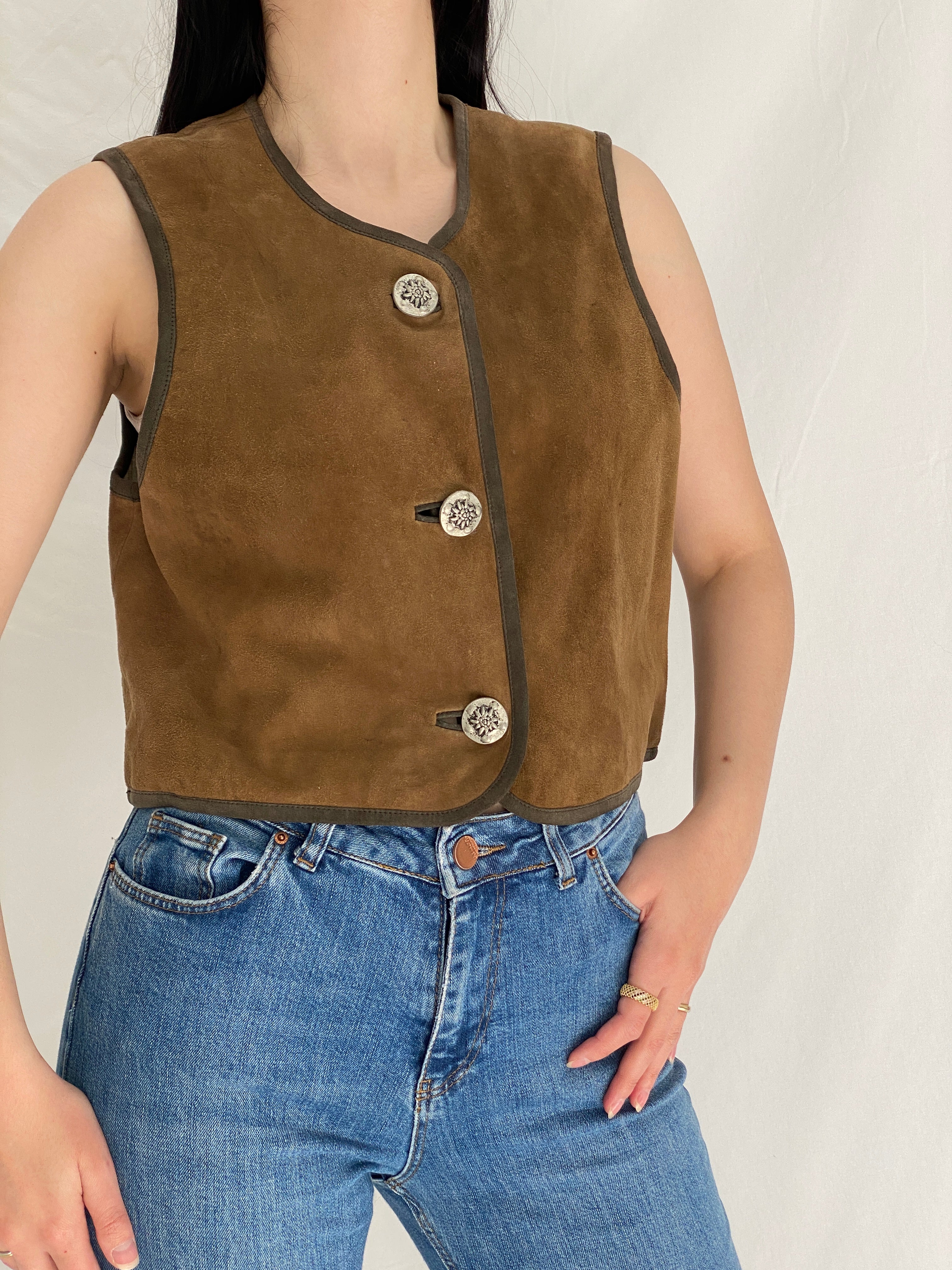 Vintage 90s H.Mosa German Trachten Brown Suede Leather Folk Vest - M