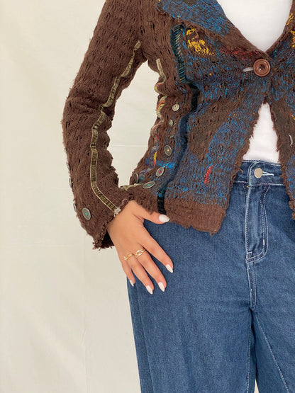Vintage Soggo Brown Boho Knit Button-Up Cardigan Jacket – M