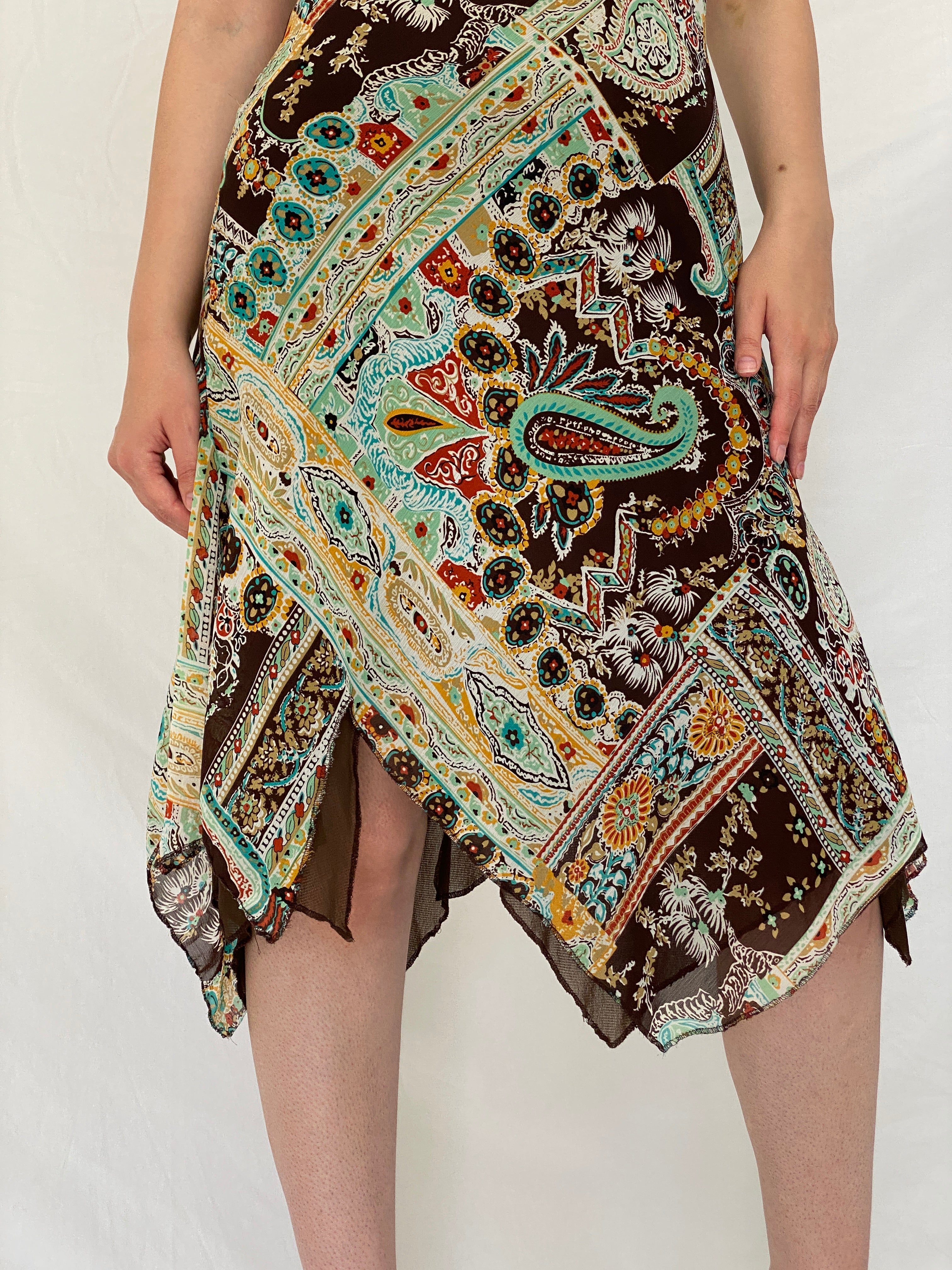 Vintage Y2K La City Brown Paisley Handkerchief Hem Slip Dress - S