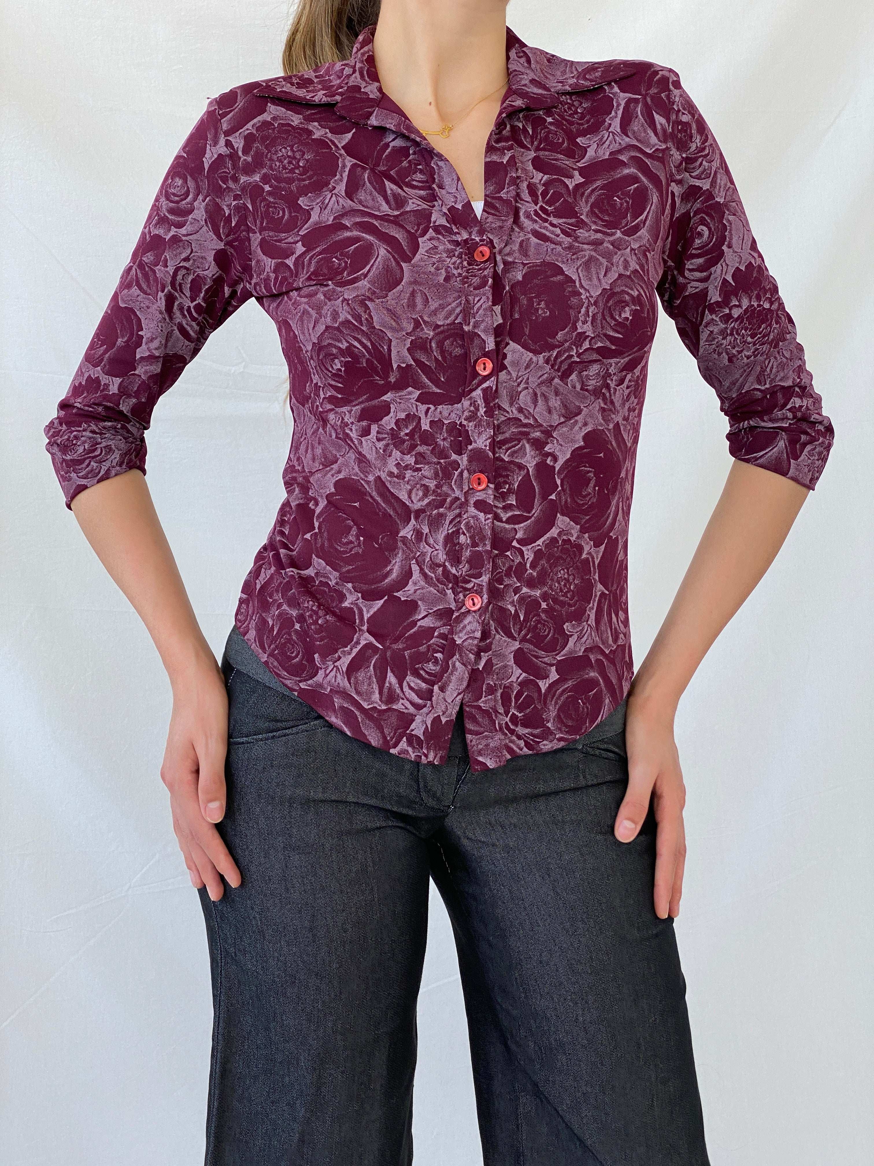 Vintage Ici & Maintenant Sport Floral Women’s Purple Button Up Shirt - M