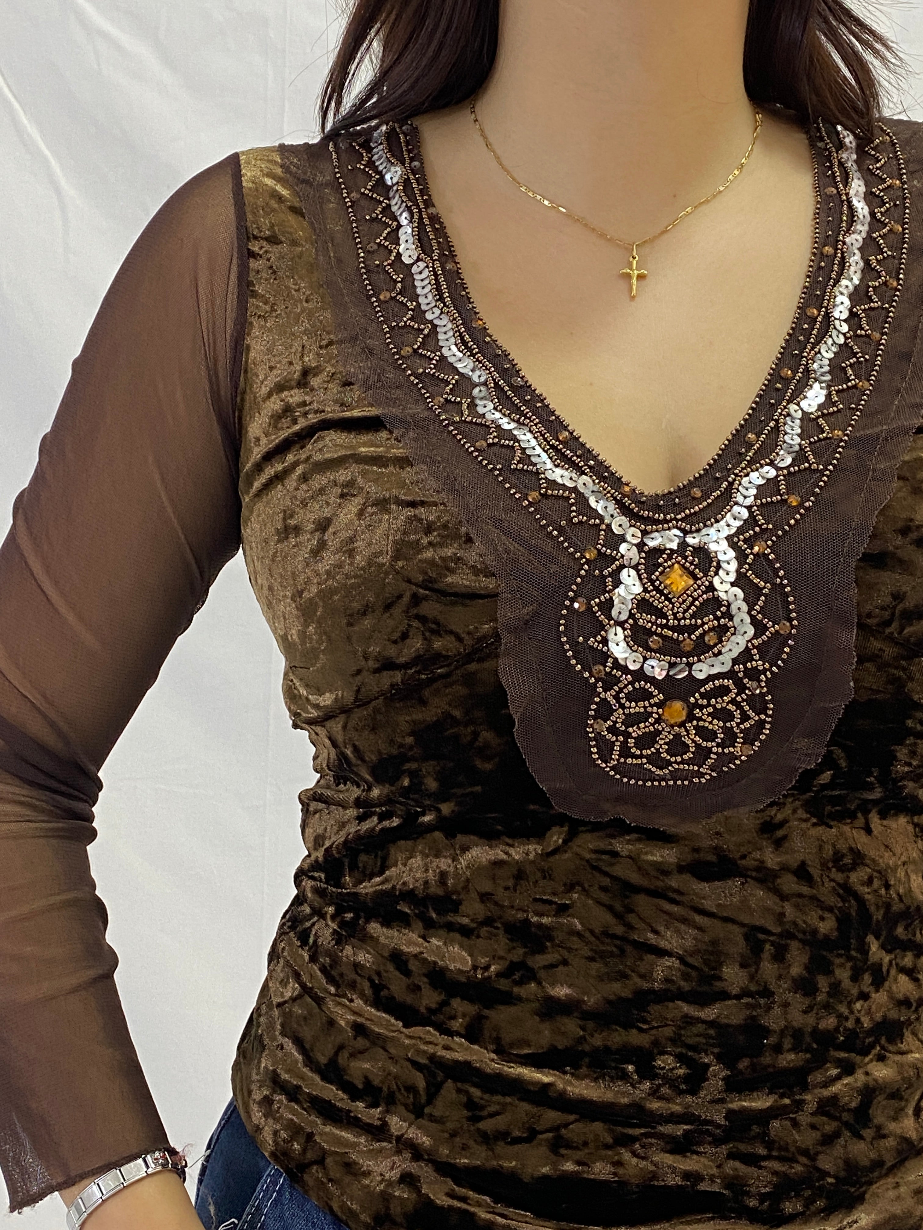 Vintage Brown Beaded Velvet Whimsy Top with Mesh Sleeves – S