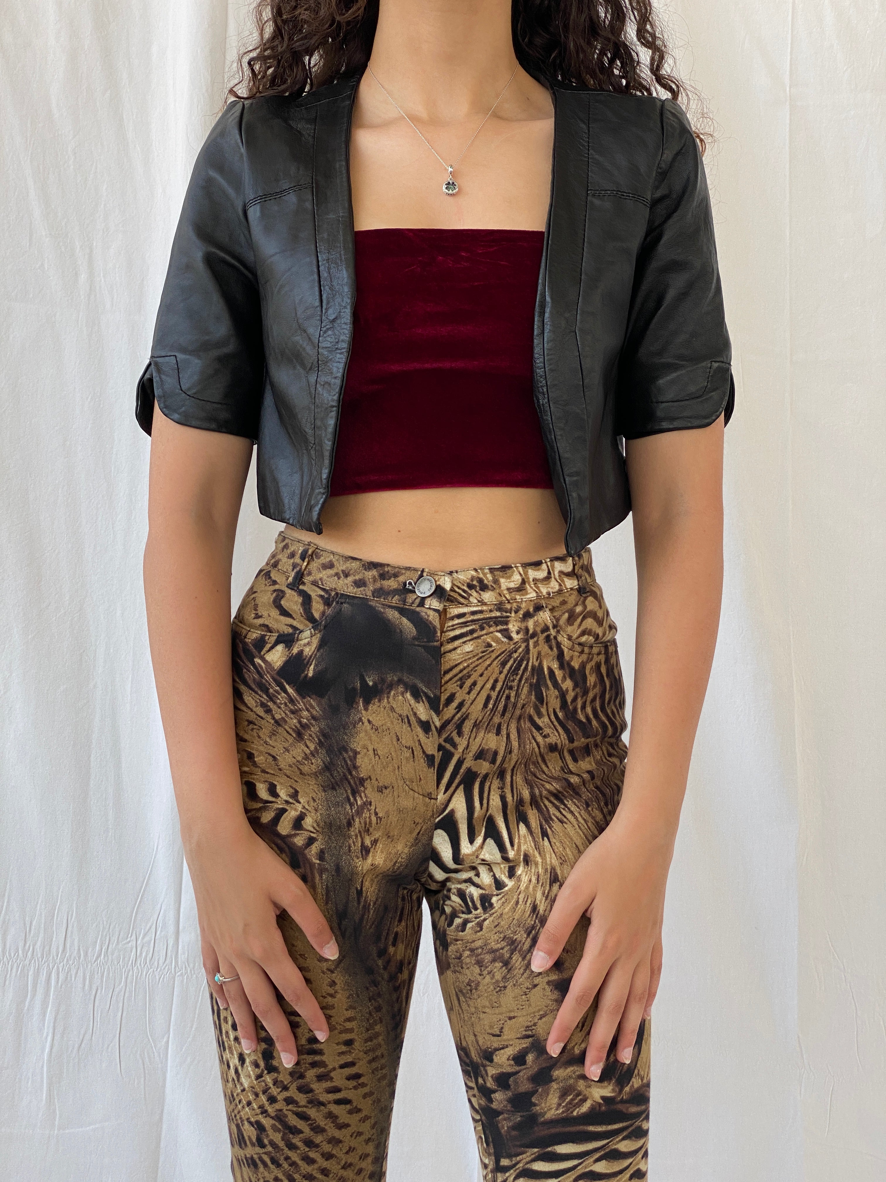Y2K Pulz Wear Cropped Black Genuine Leather Bolero Jacket - S