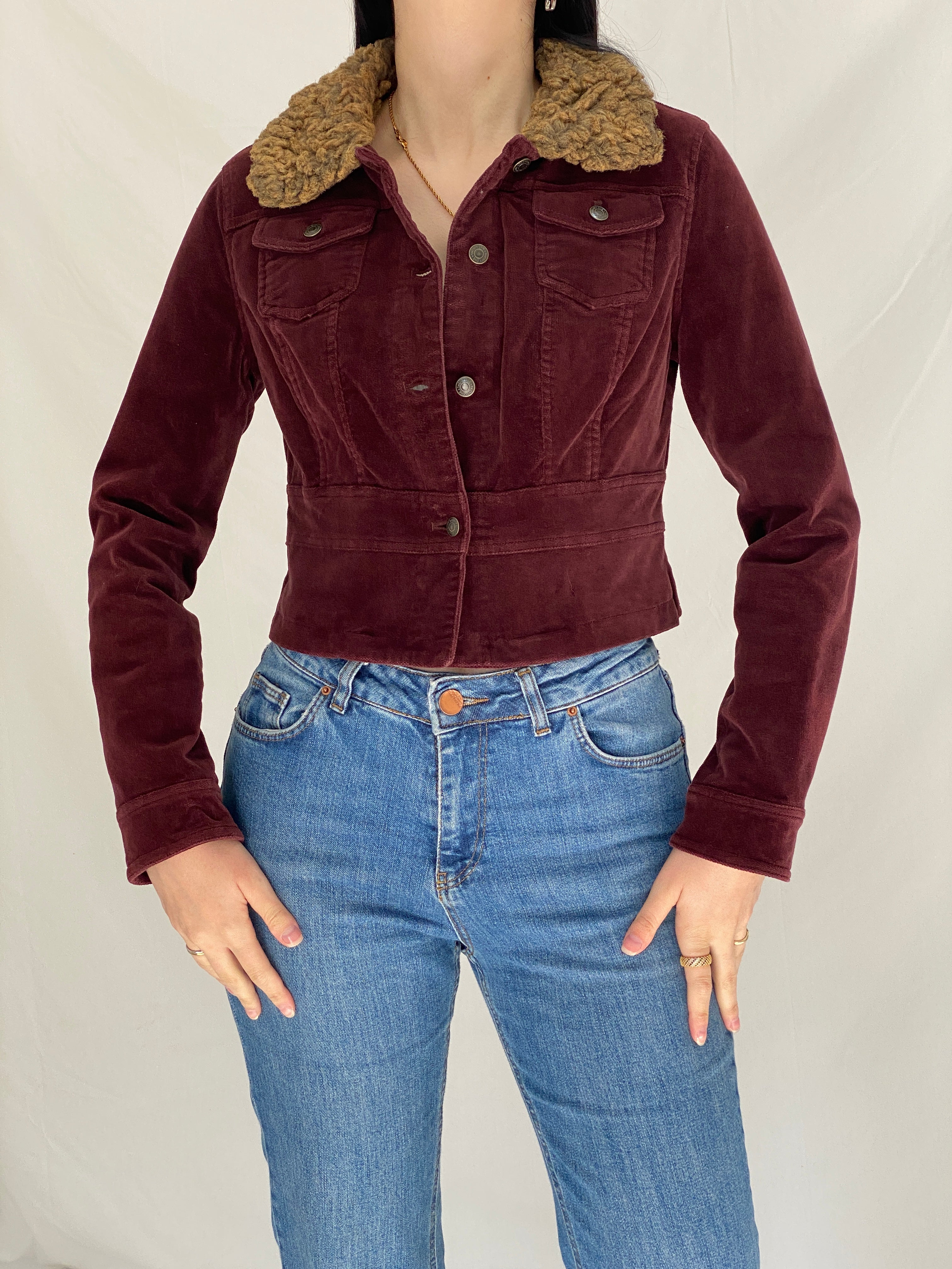 Vintage Gadzoooks Burgundy Corduroy Cropped Jacket with Sherpa Collar 90s Y2K Fit - M