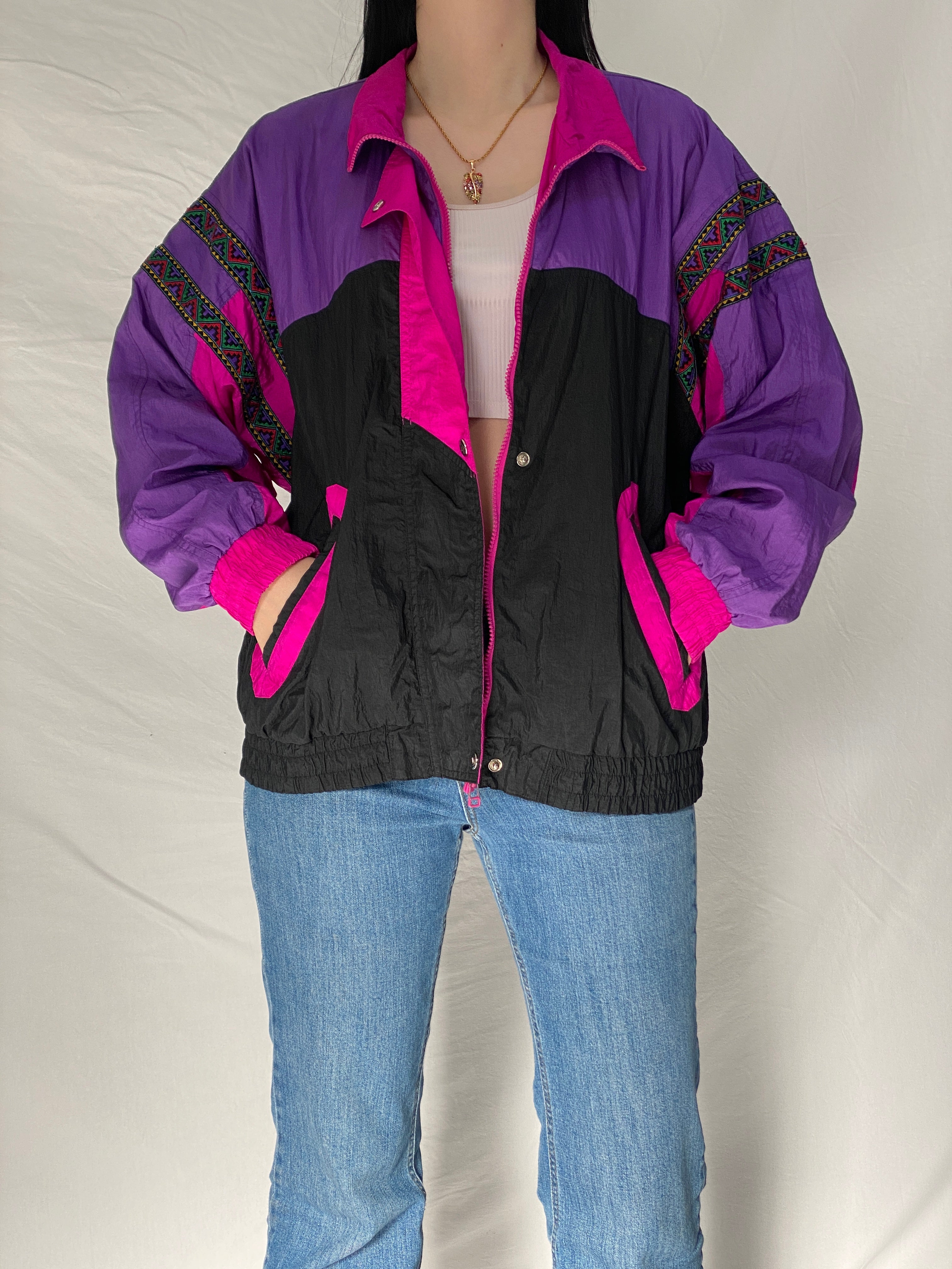 Vintage Andy Johns Colorblock Windbreaker Jacket - 90s Retro Purple Pink Black Oversized Lightweight Track Jacket - L