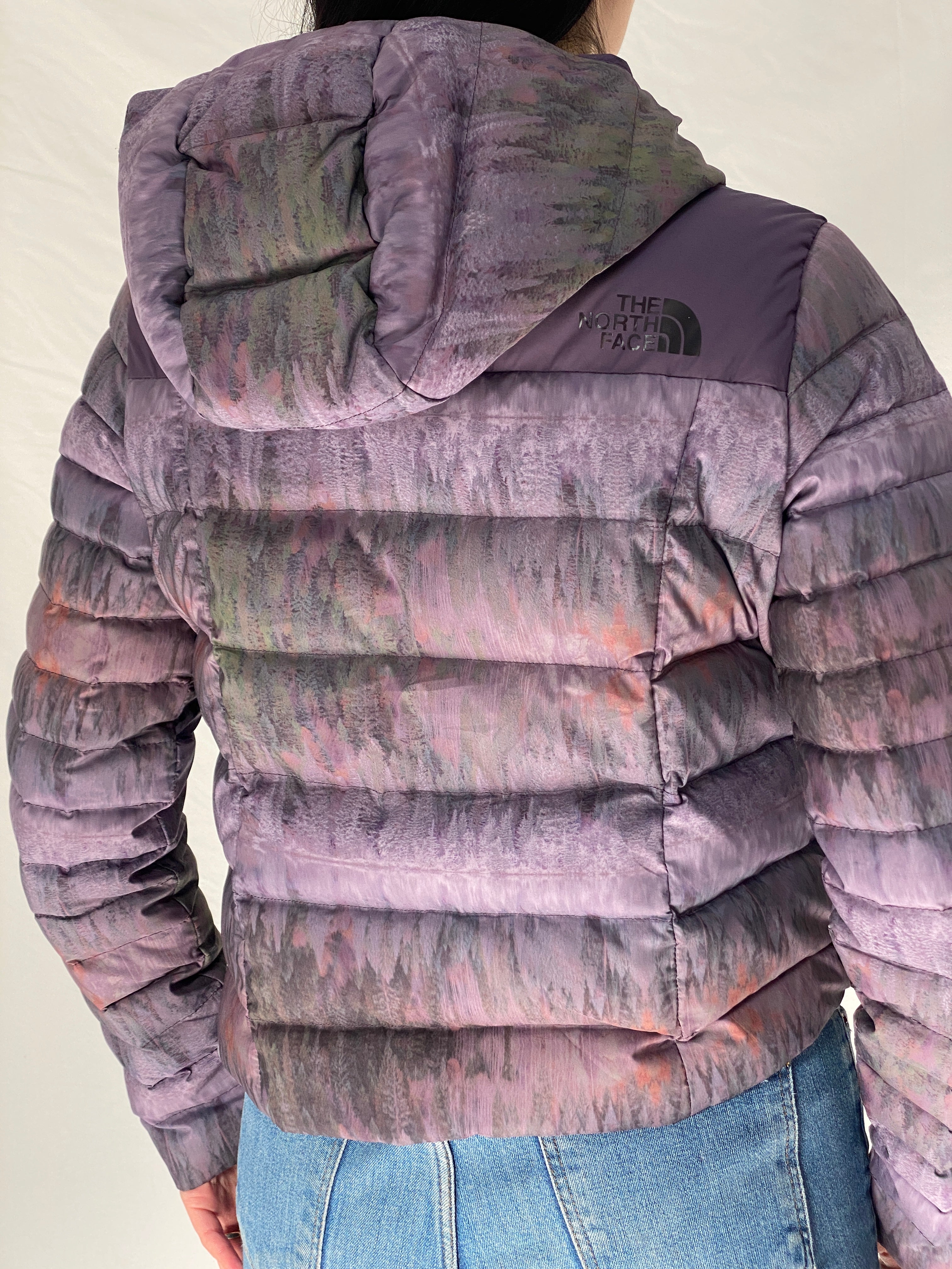 The North Face Purple Forest Print TNF Packable Fitted Puffer Jacket with Hood - M