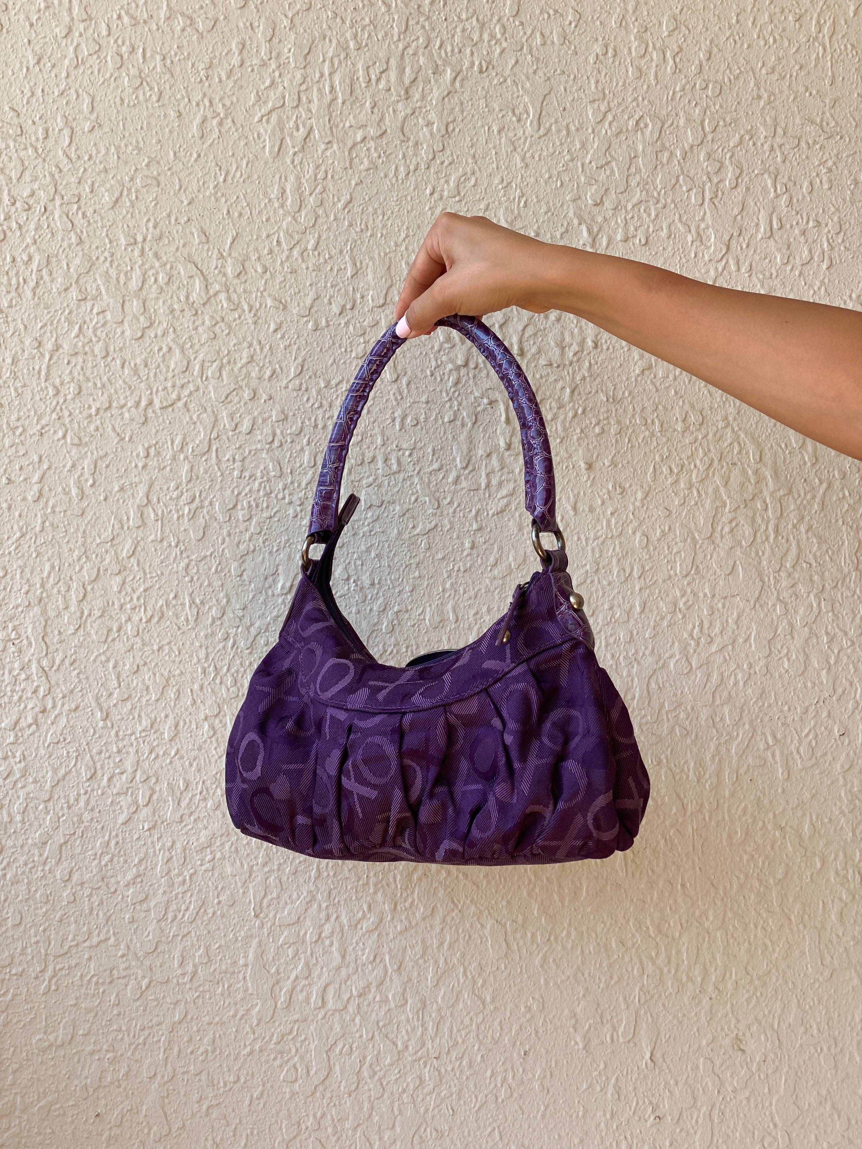 Y2K XOXO Purple Monogram Hobo Bag with Croc-Embossed Handle