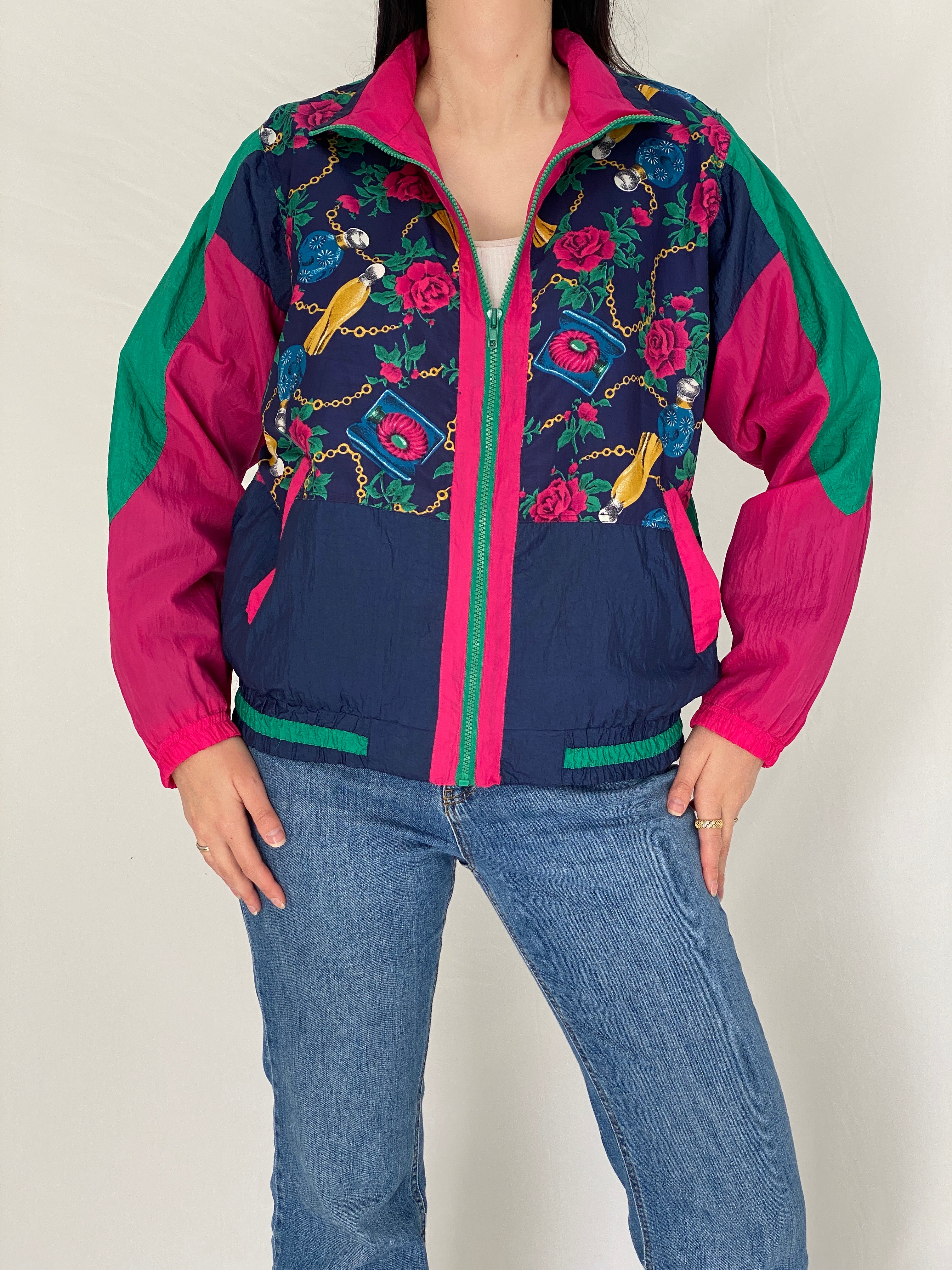 Vintage 90s Active Club Colorblock Windbreaker Track Jacket Navy Pink Green Sports Jacket - S