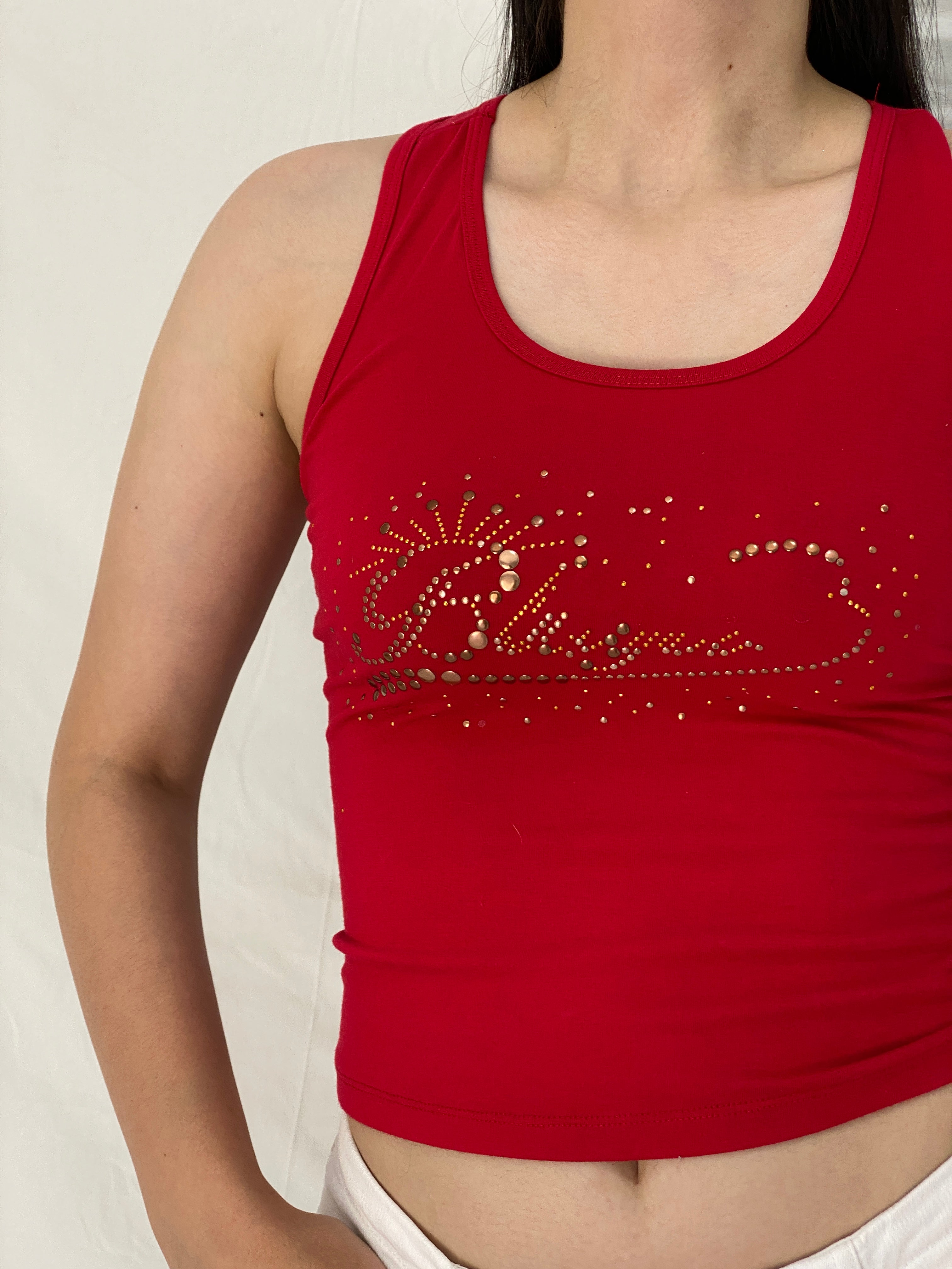 Y2K Red Cotton Blend Rhinestone Studded Racerback Tank Top - S