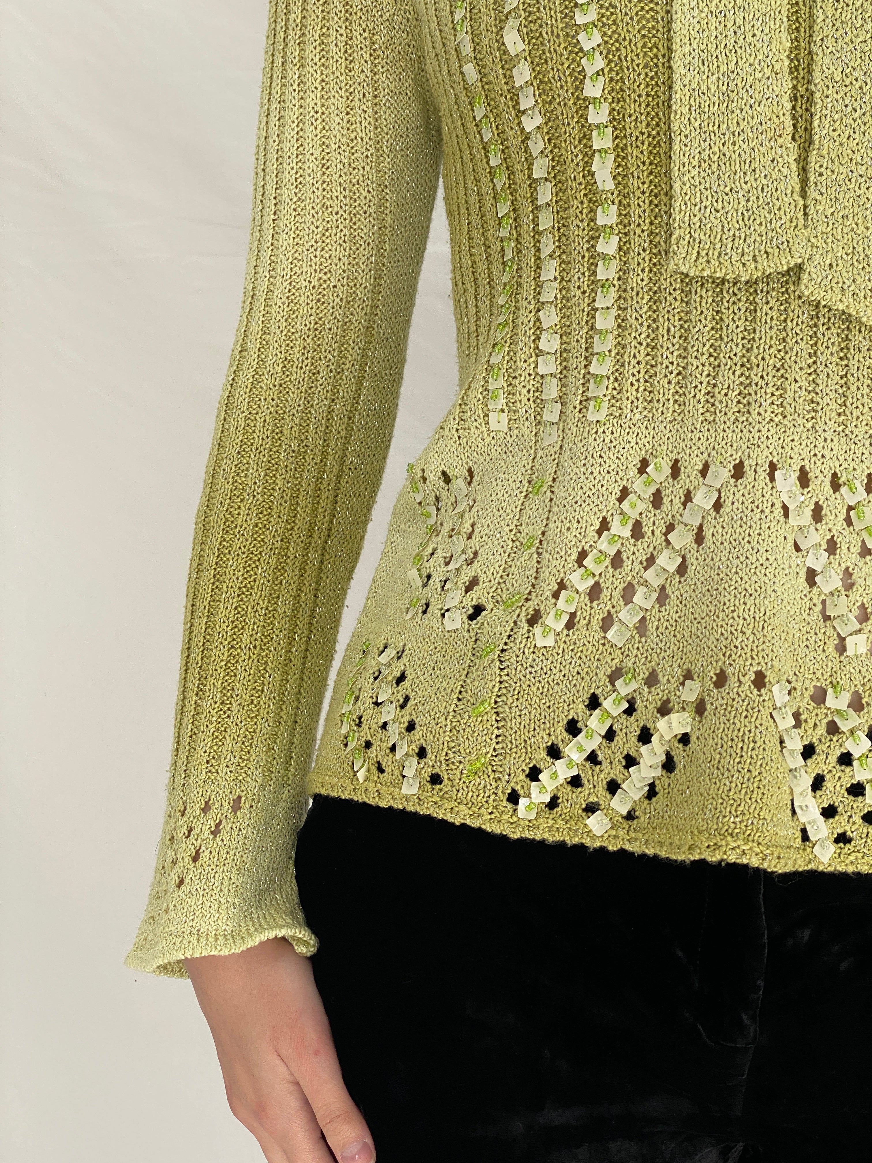 Vintage Y2K Motif Knitted Beaded Full Sleeve Top in Pistachio Green - M