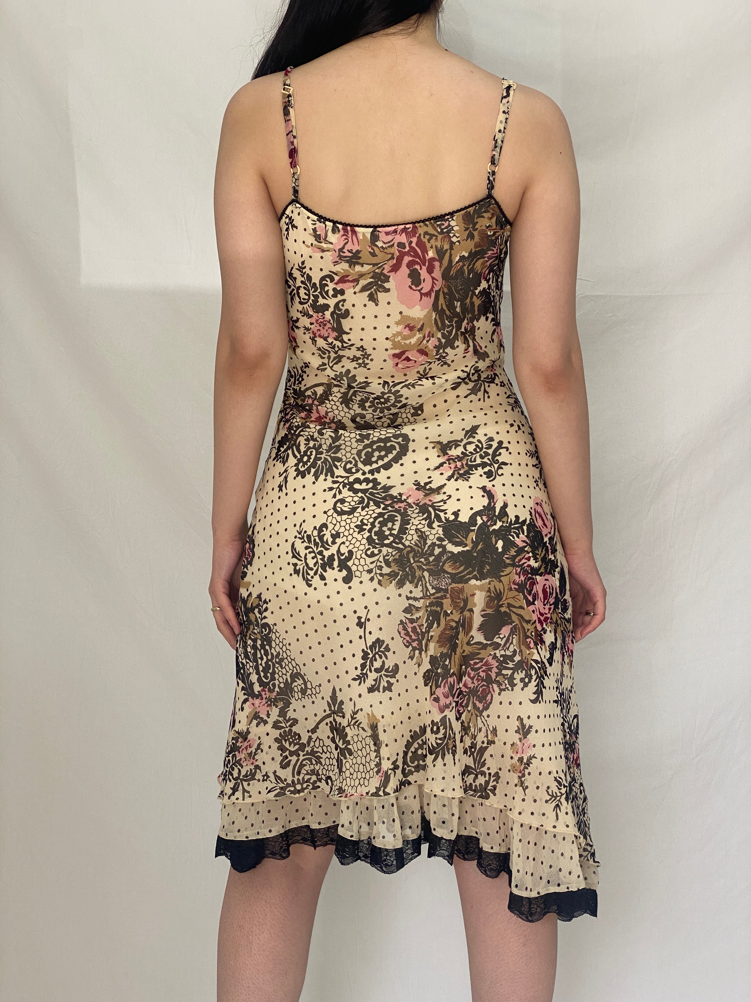Vintage Y2K Romantic Lace Trim Floral Slip Dress Cream Polka Dot Midi Dress - S
