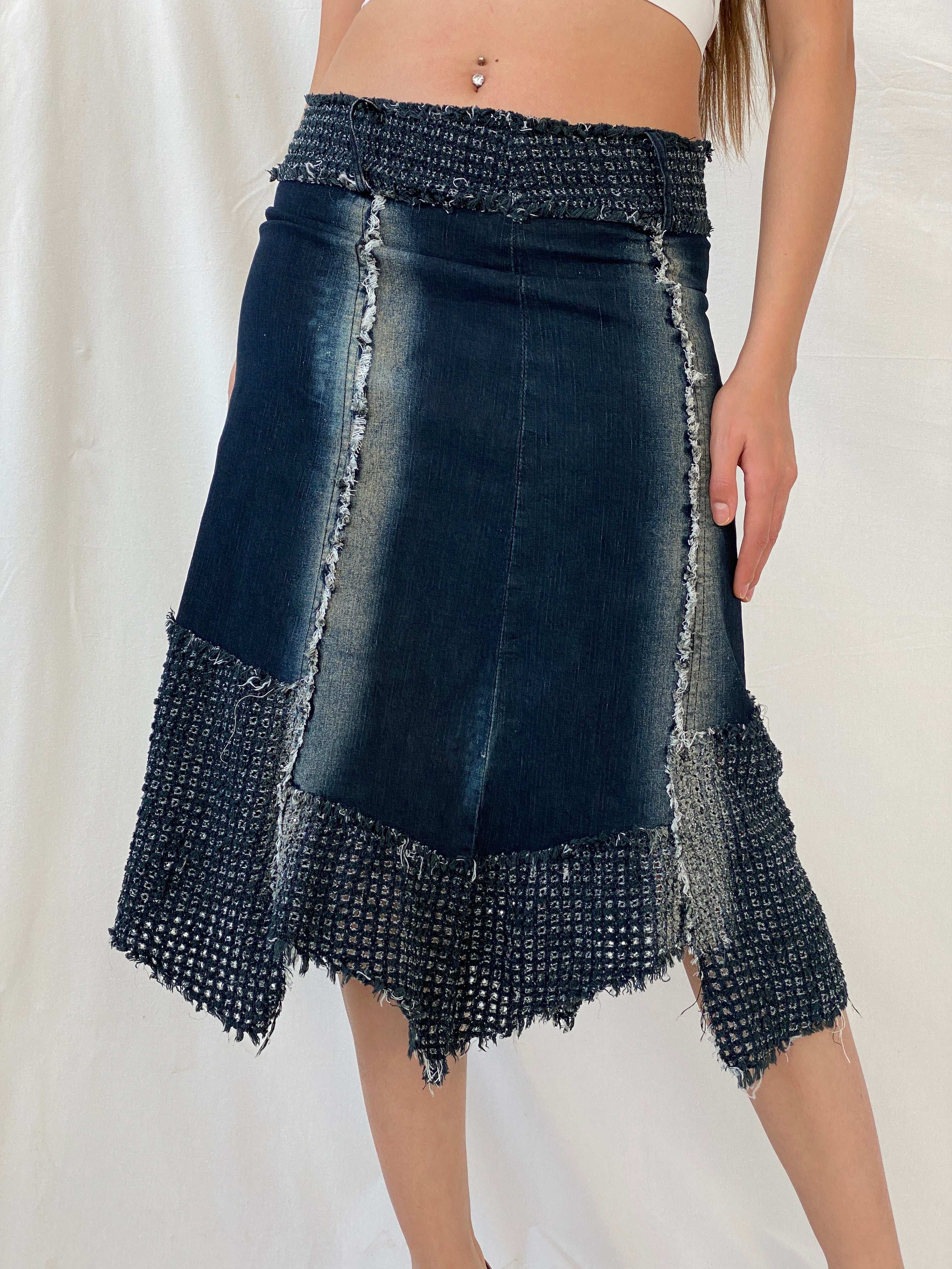 Vintage Denim Asymmetric Hem Midi Skirt - L