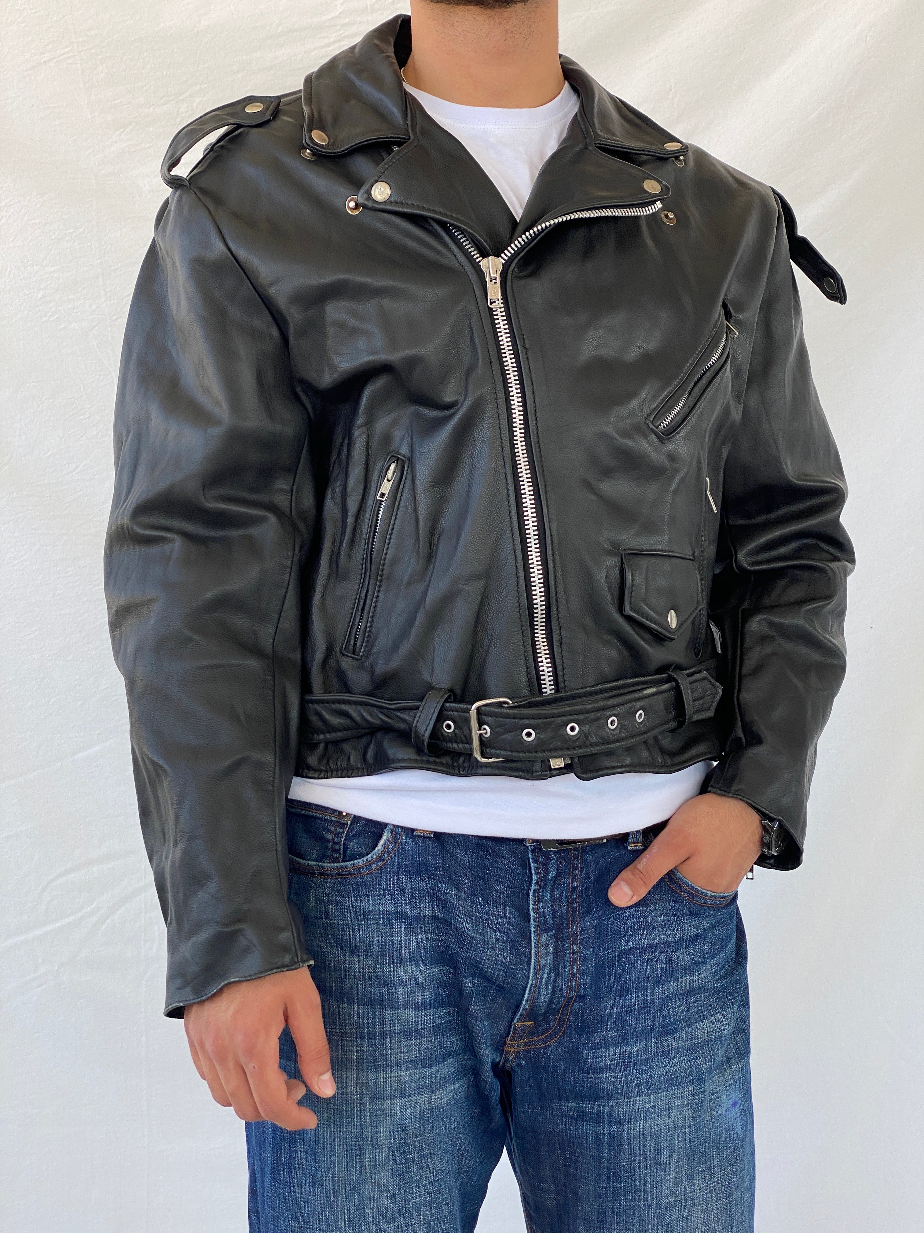 Vintage Heavy Black Genuine Leather Men’s Biker Jacket - L