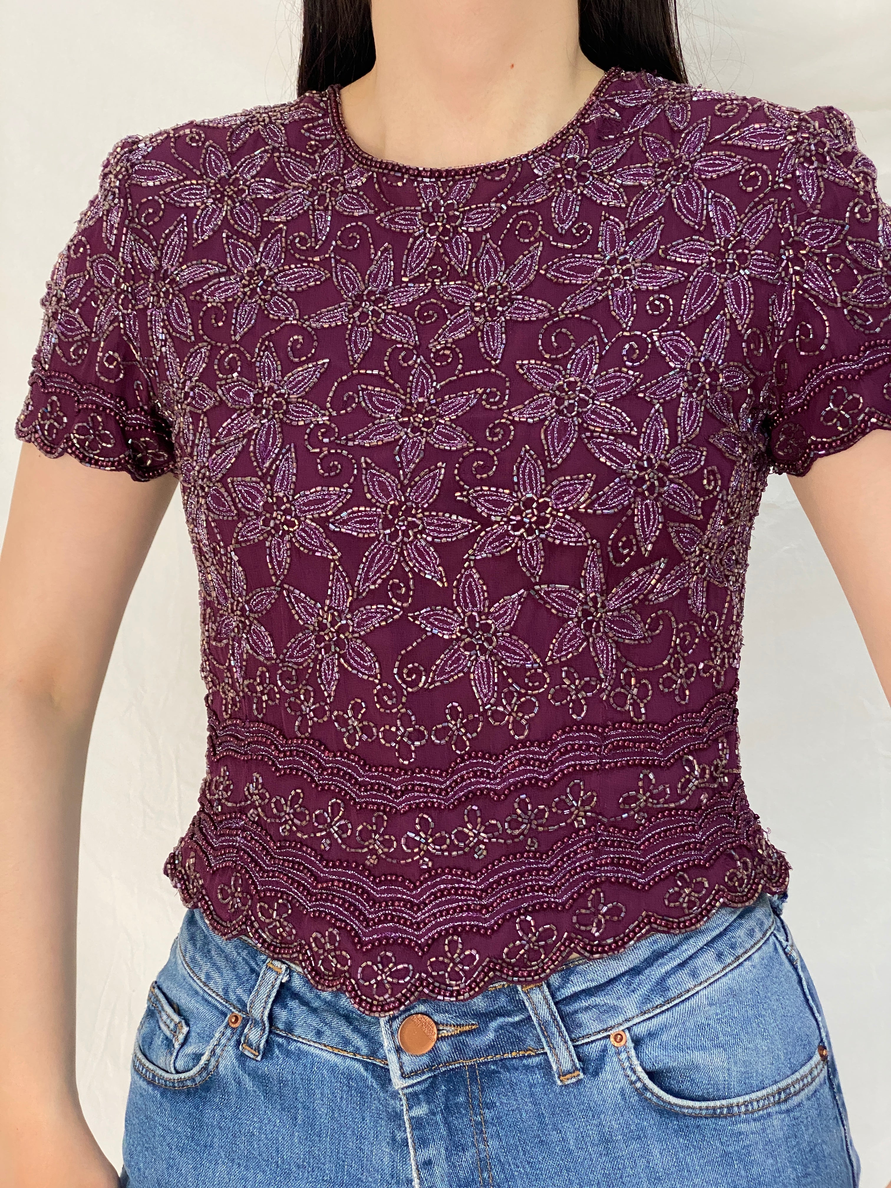 Vintage Adrianna Papell Beaded Silk Top Purple Floral Sequin Mesh Y2K Evening Party Top - S