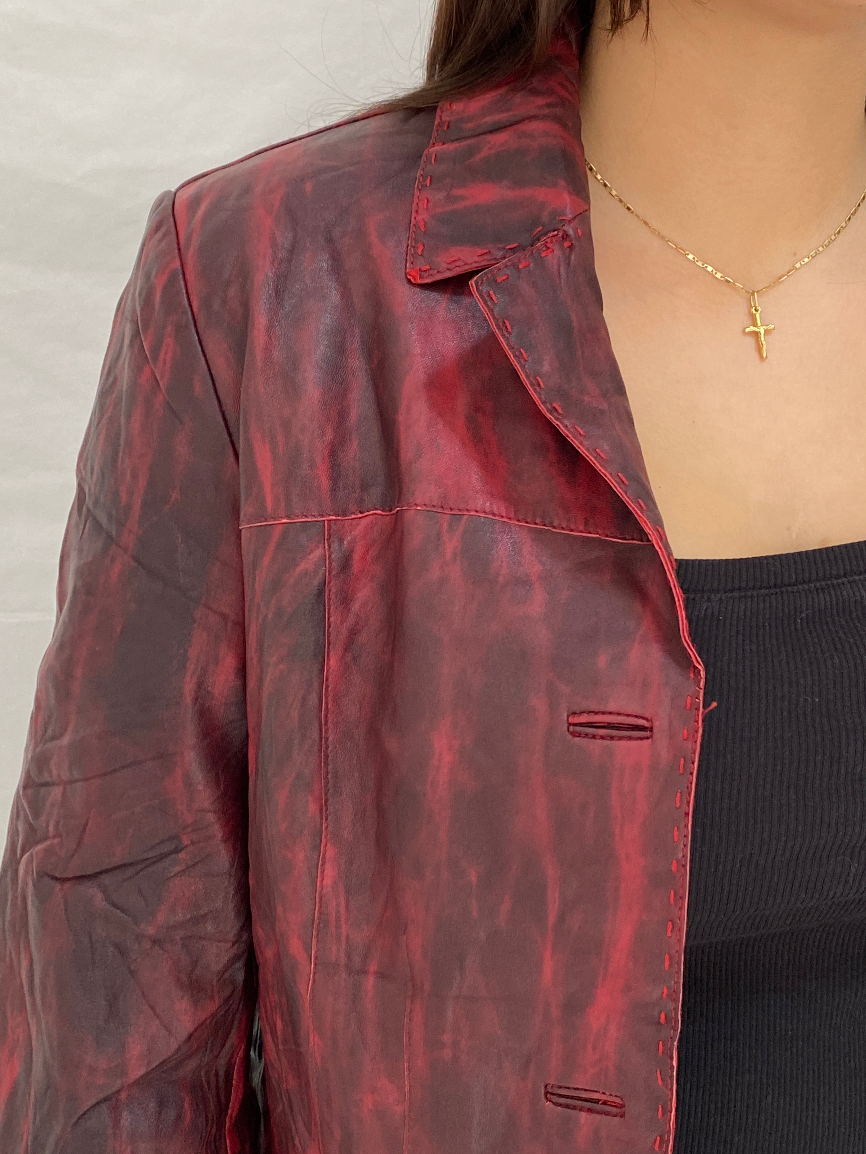 Vintage Mafecco Distressed Red Black Genuine Leather Blazer Jacket - M