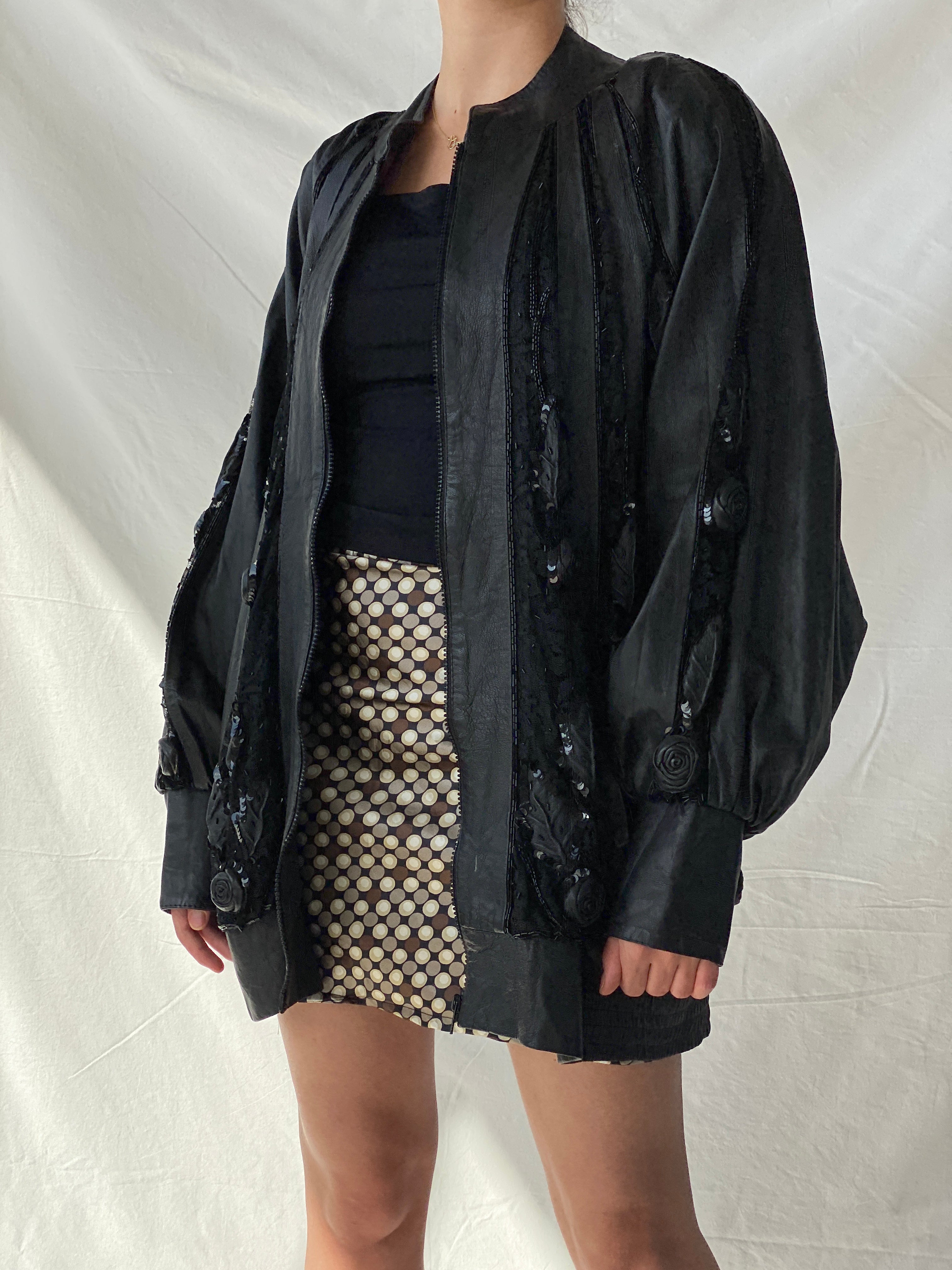 Statement Vintage 80s Black Leather Beaded Bomber Jacket - XL